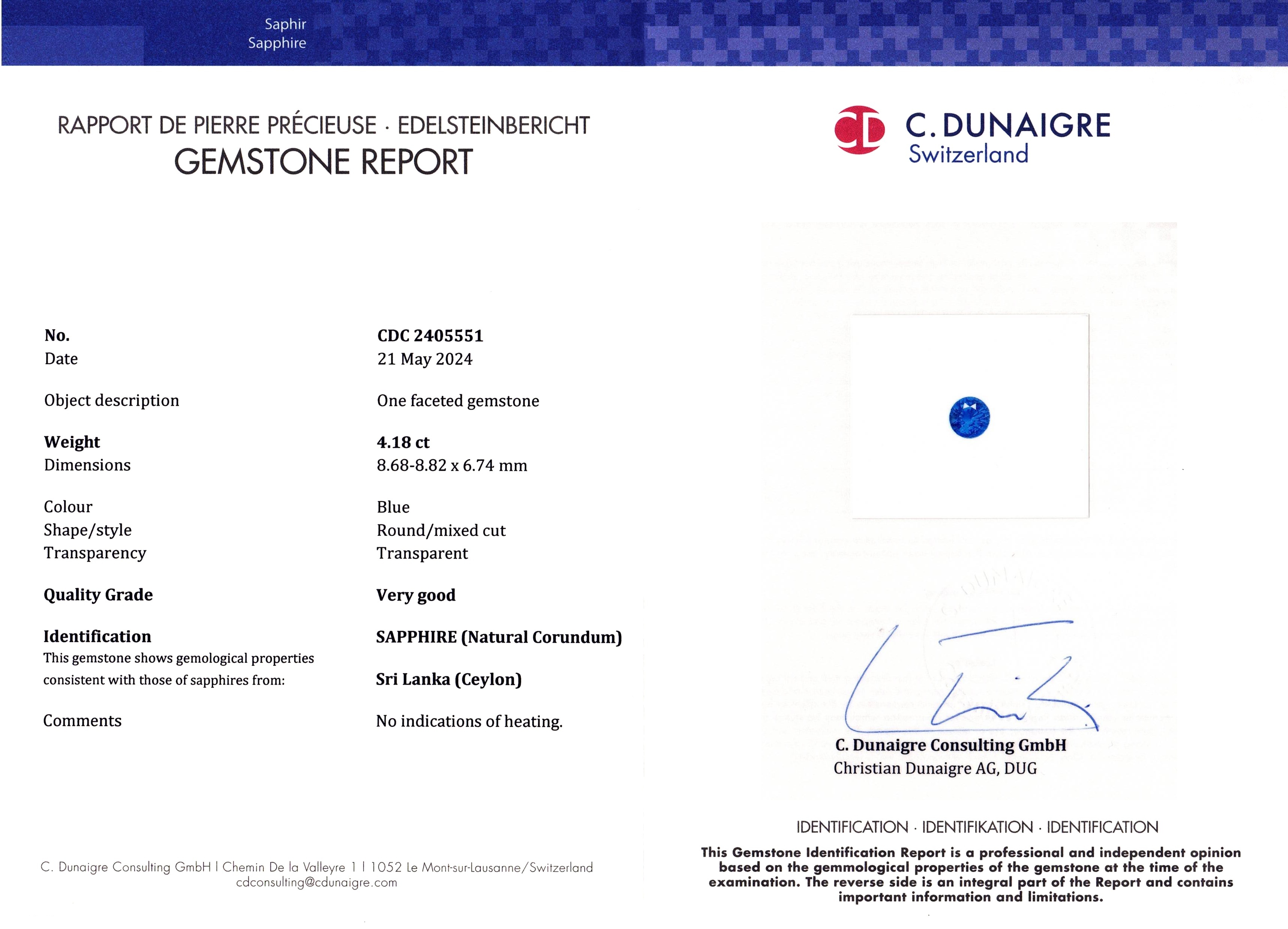 4.18 Ct. Blue Sapphire from Ceylon (Sri Lanka)