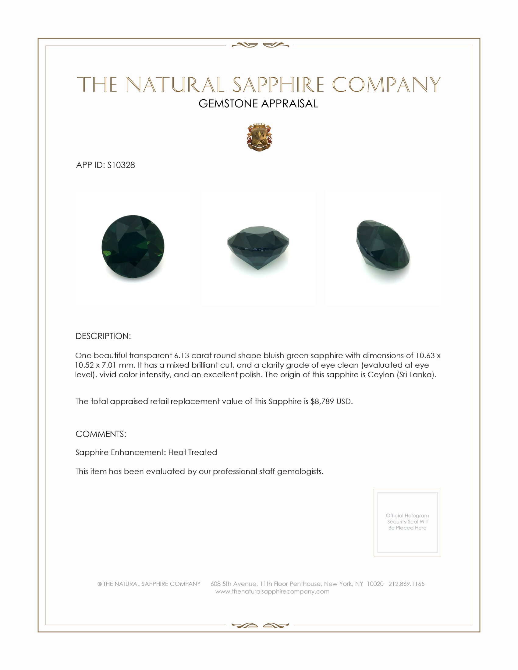 6.13 Ct. Bluish Green Sapphire from Ceylon (Sri Lanka)