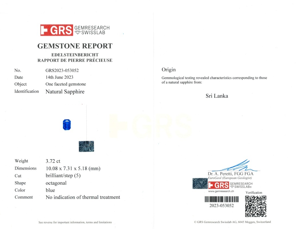 3.72 Ct. Blue Sapphire from Ceylon (Sri Lanka)