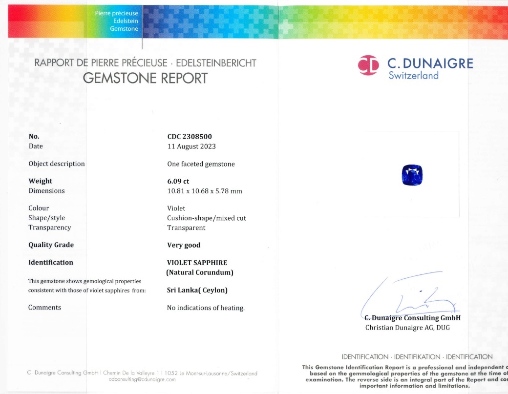 6.09 Ct. Violet Sapphire from Ceylon (Sri Lanka)