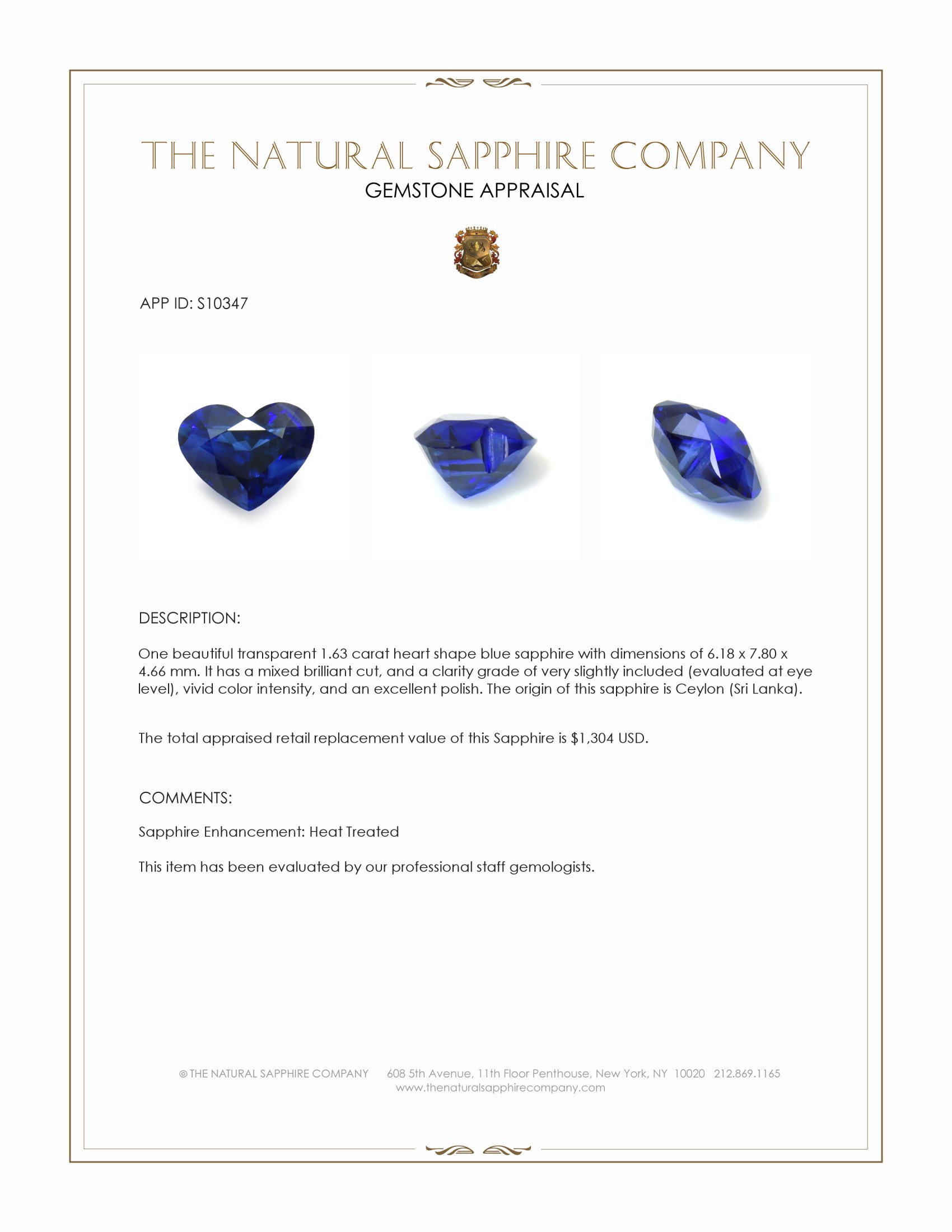 1.63 Ct. Blue Sapphire from Ceylon (Sri Lanka)
