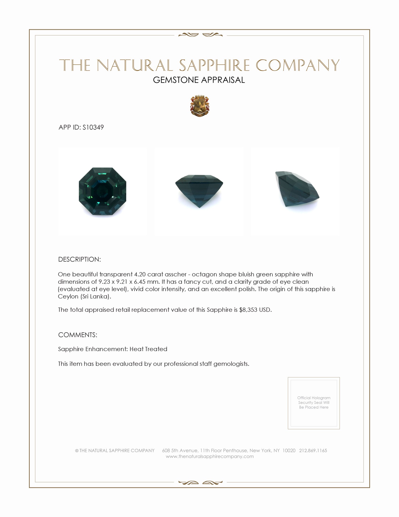 4.20 Ct. Bluish Green Sapphire from Ceylon (Sri Lanka)