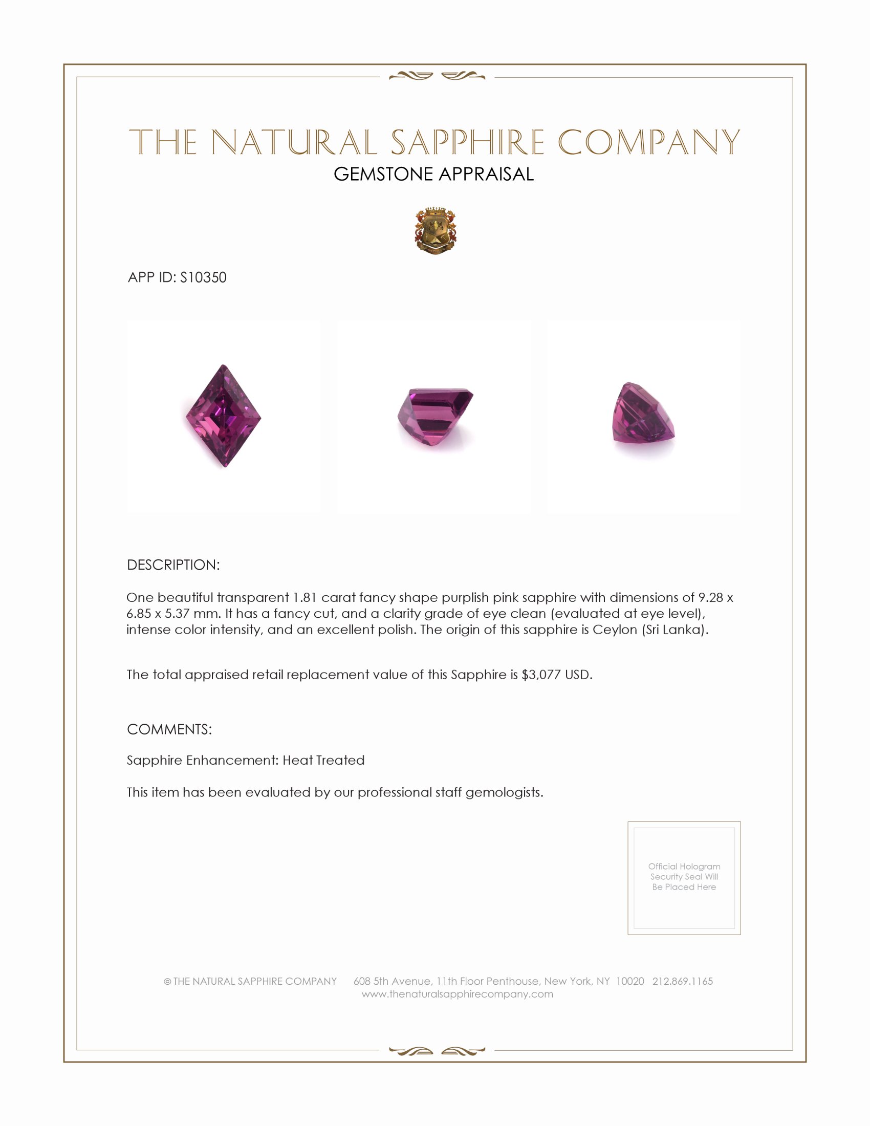 1.81 Ct. Purplish Pink Sapphire from Ceylon (Sri Lanka)