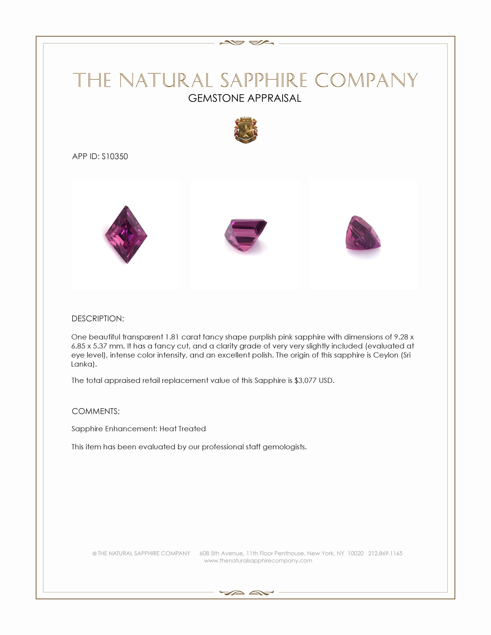 1.81 Ct. Purplish Pink Sapphire from Ceylon (Sri Lanka)