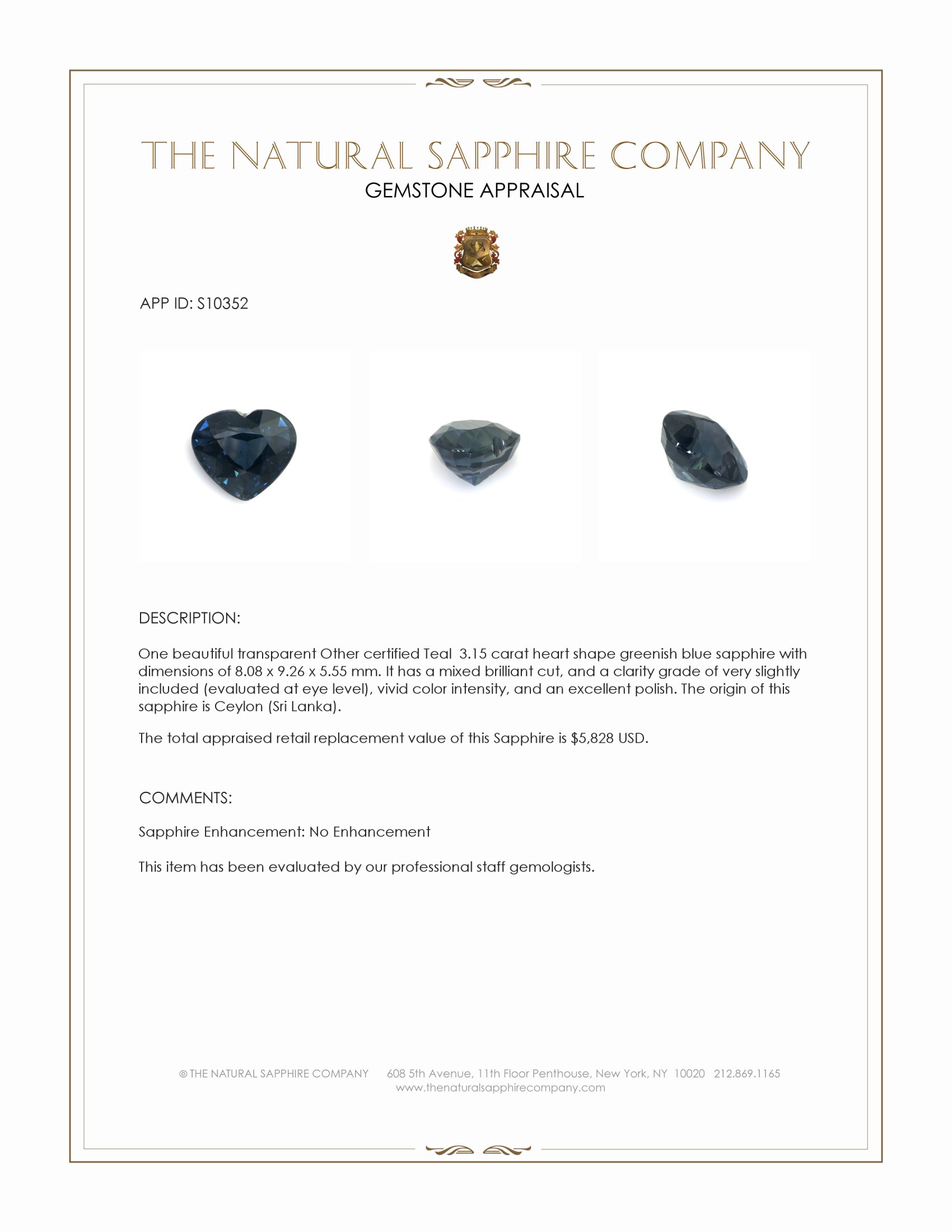 3.15 Ct. Greenish Blue Sapphire from Ceylon (Sri Lanka)