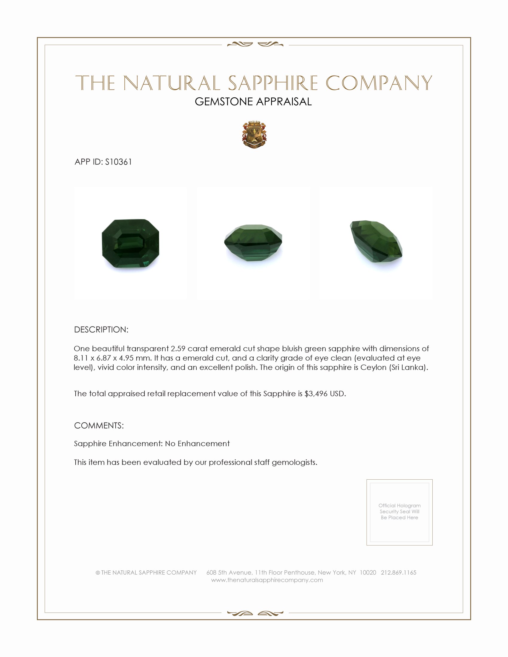 2.59 Ct. Green Sapphire from Ceylon (Sri Lanka)