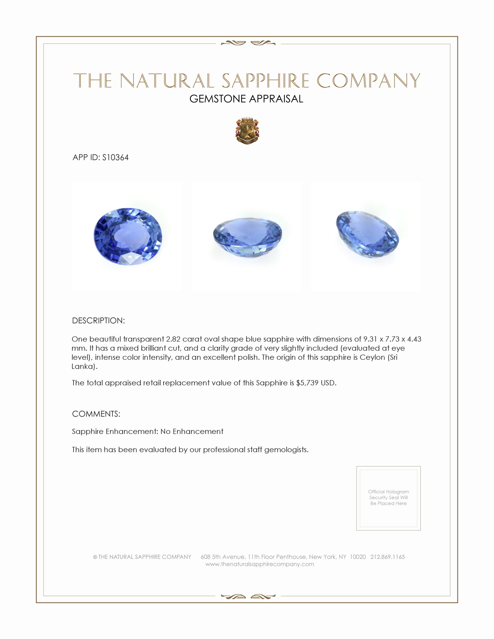 2.82 Ct. Blue Sapphire from Ceylon (Sri Lanka)