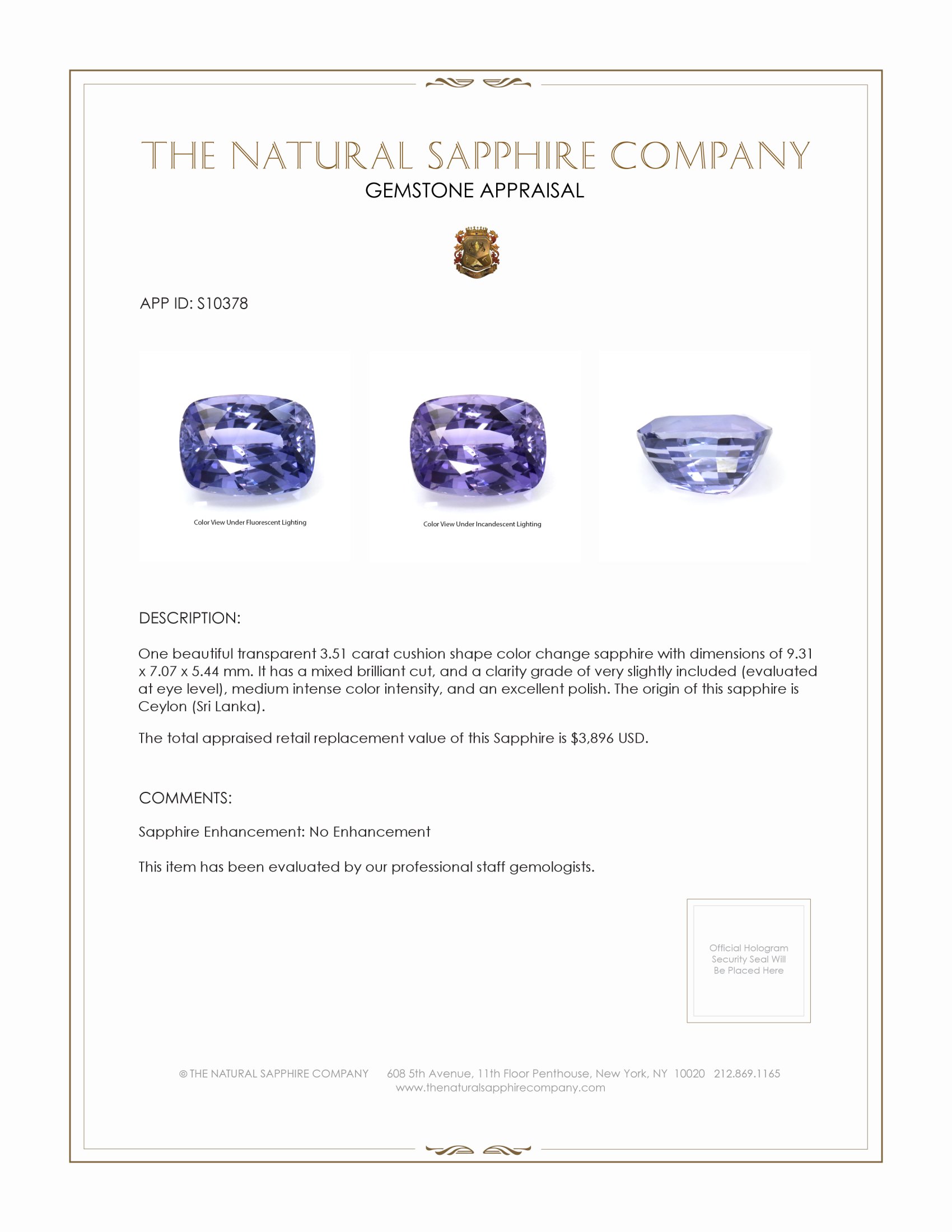 3.51 Ct. Color Change Sapphire from Ceylon (Sri Lanka)