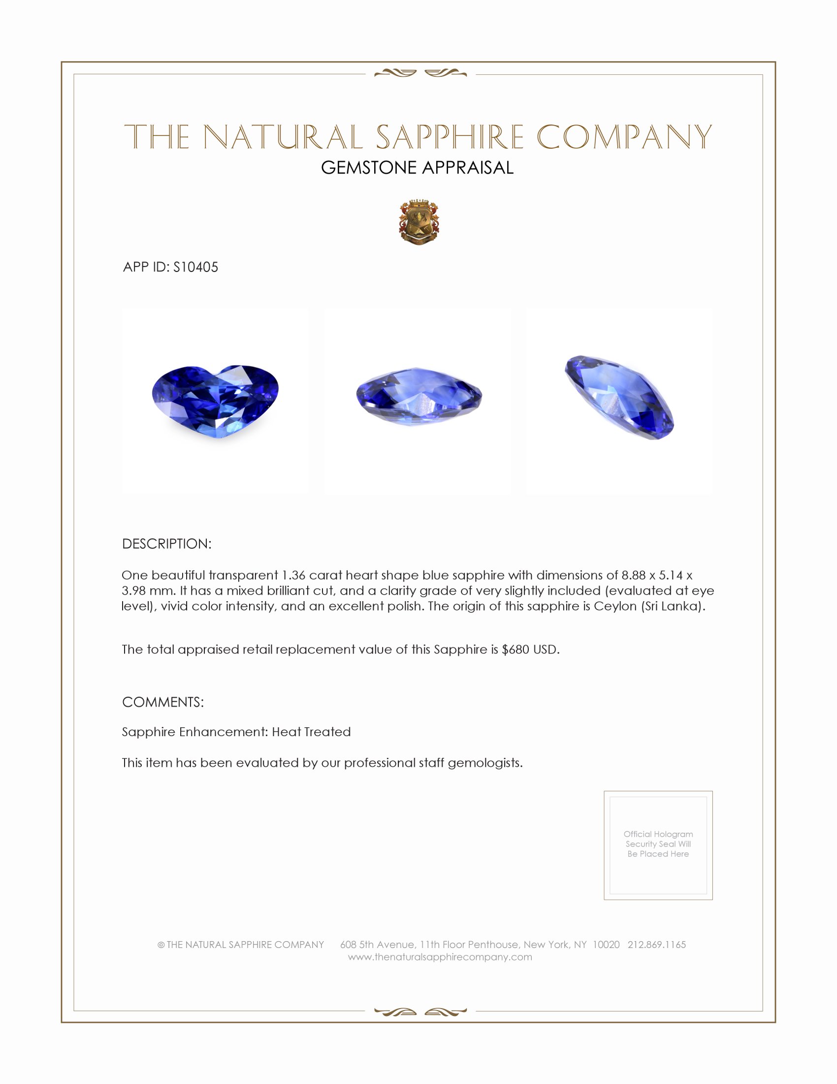 1.36 Ct. Blue Sapphire from Ceylon (Sri Lanka)