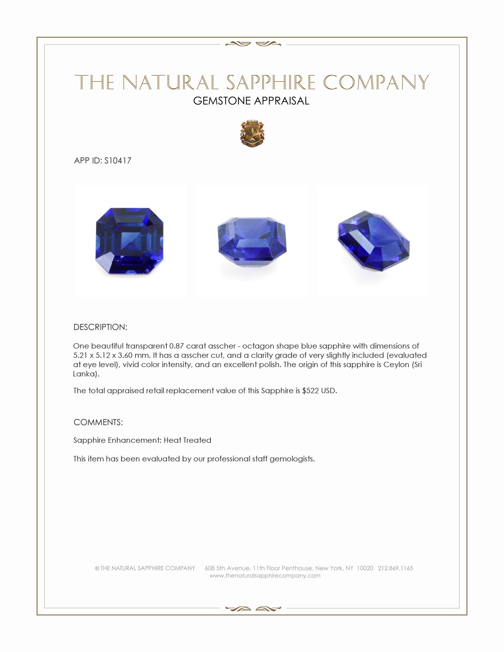 0.87 Ct. Blue Sapphire from Ceylon (Sri Lanka)