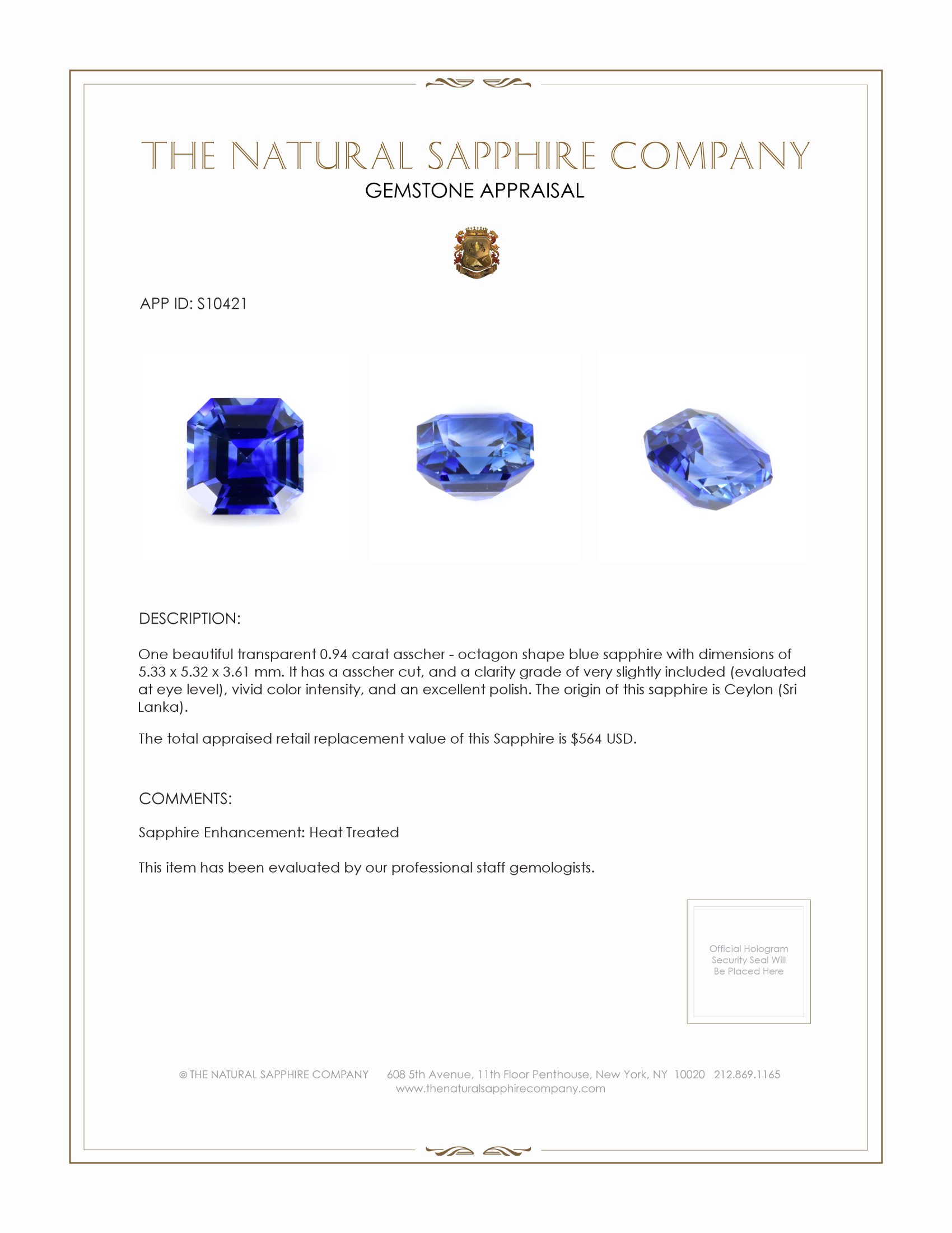 0.94 Ct. Blue Sapphire from Ceylon (Sri Lanka)