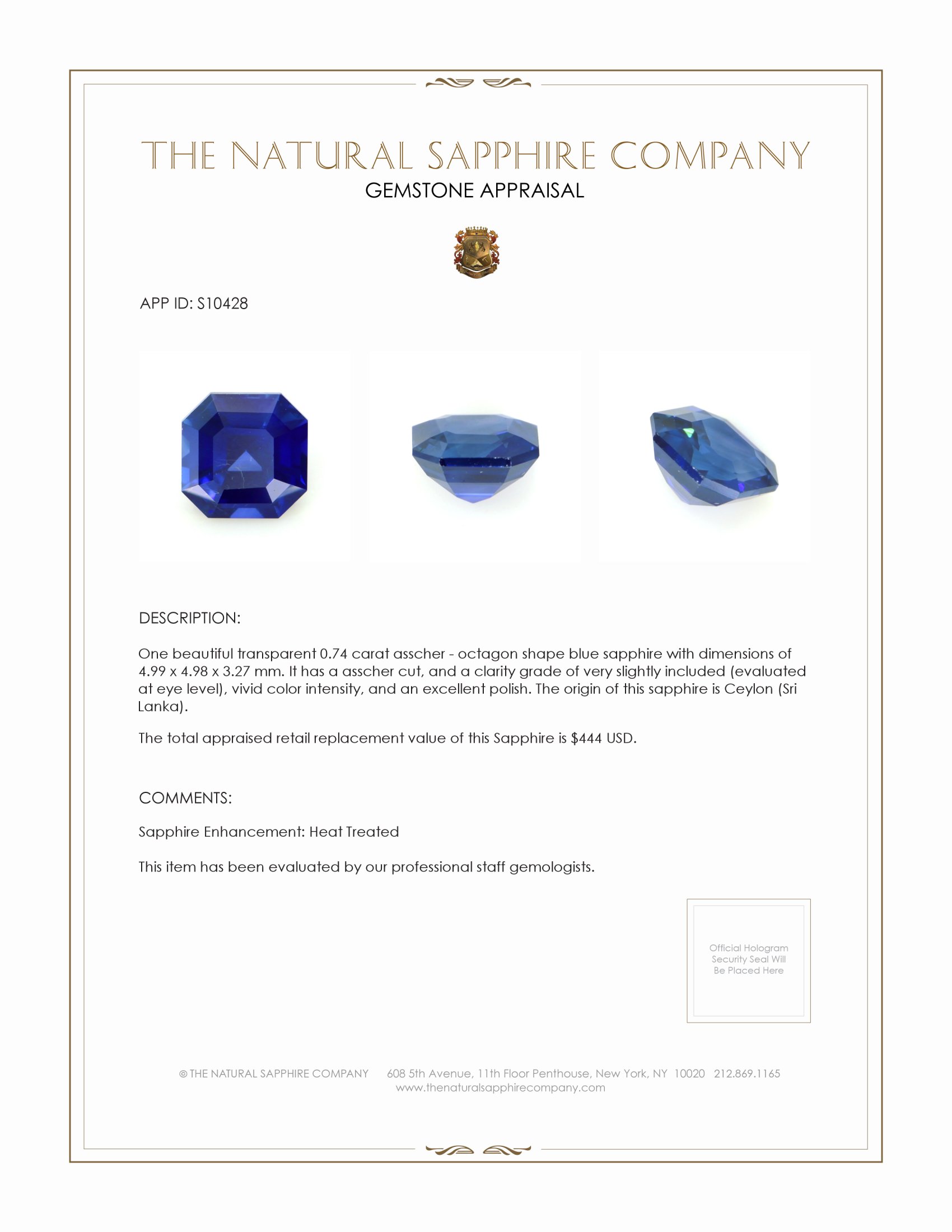 0.74 Ct. Blue Sapphire from Ceylon (Sri Lanka)