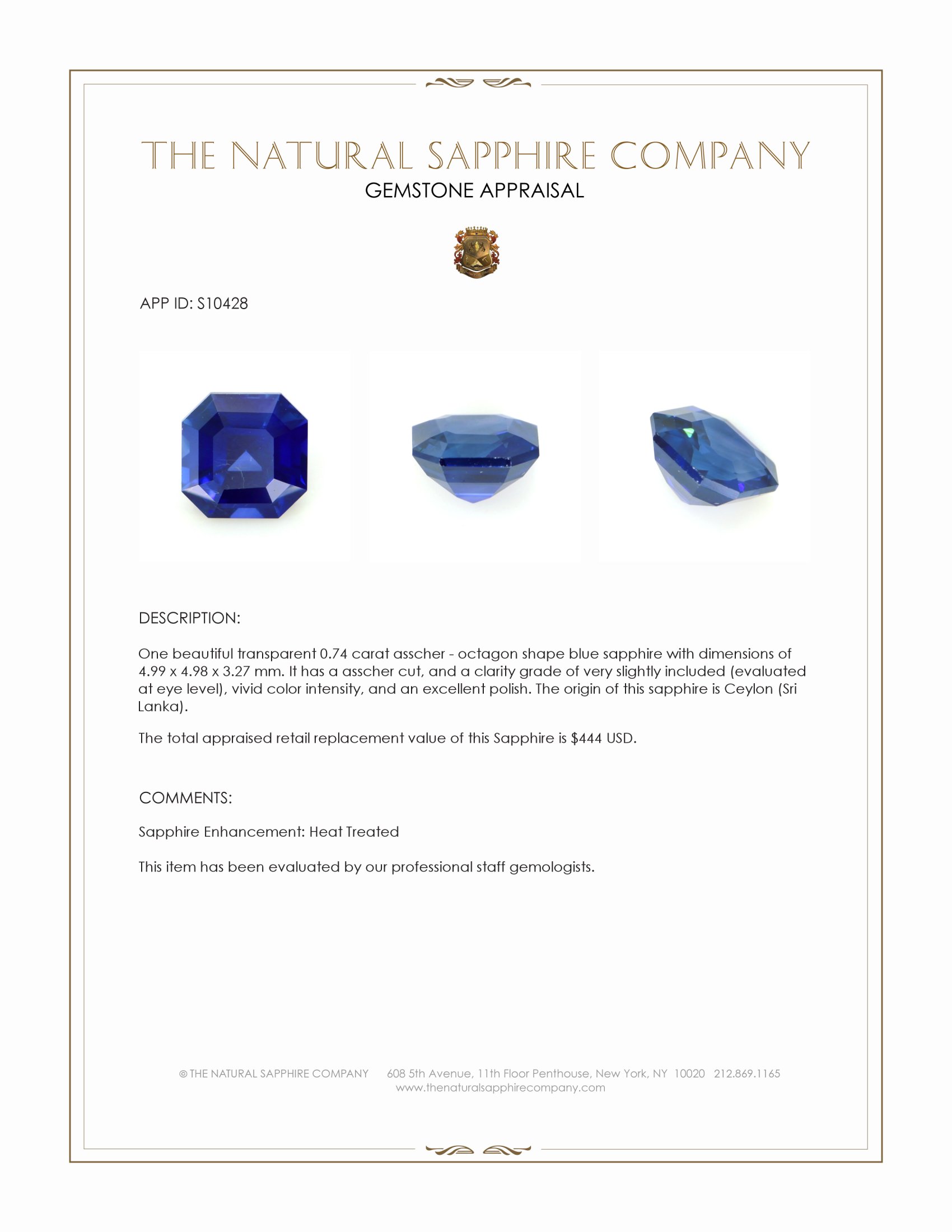 0.74 Ct. Blue Sapphire from Ceylon (Sri Lanka)
