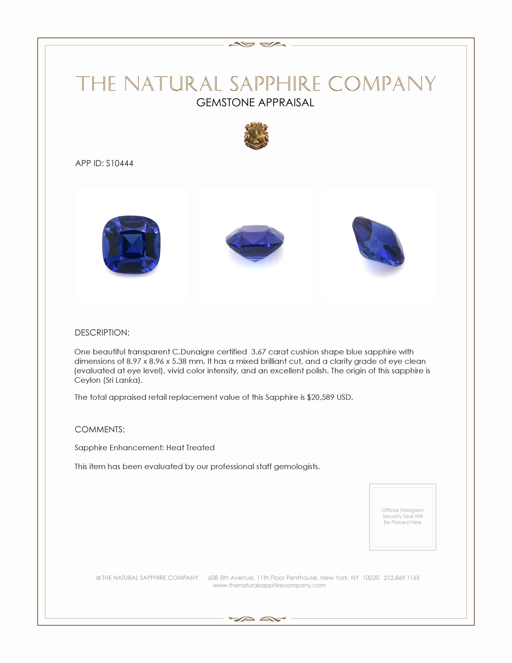3.67 Ct. Blue Sapphire from Ceylon (Sri Lanka)