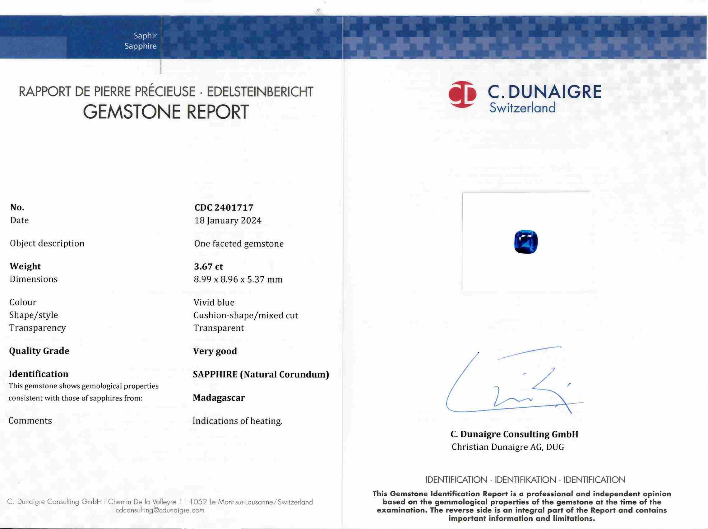 3.67 Ct. Blue Sapphire from Ceylon (Sri Lanka)