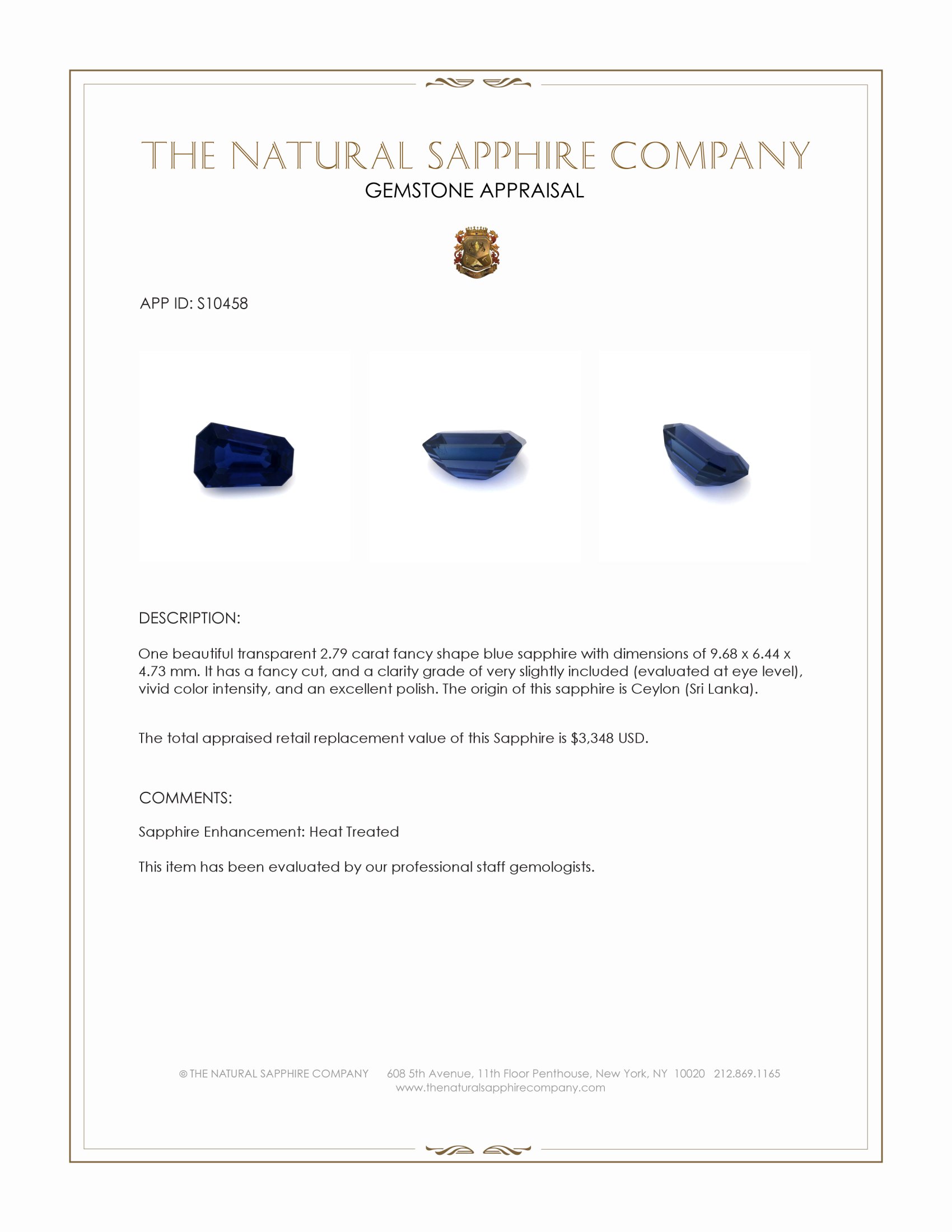 2.79 Ct. Blue Sapphire from Ceylon (Sri Lanka)