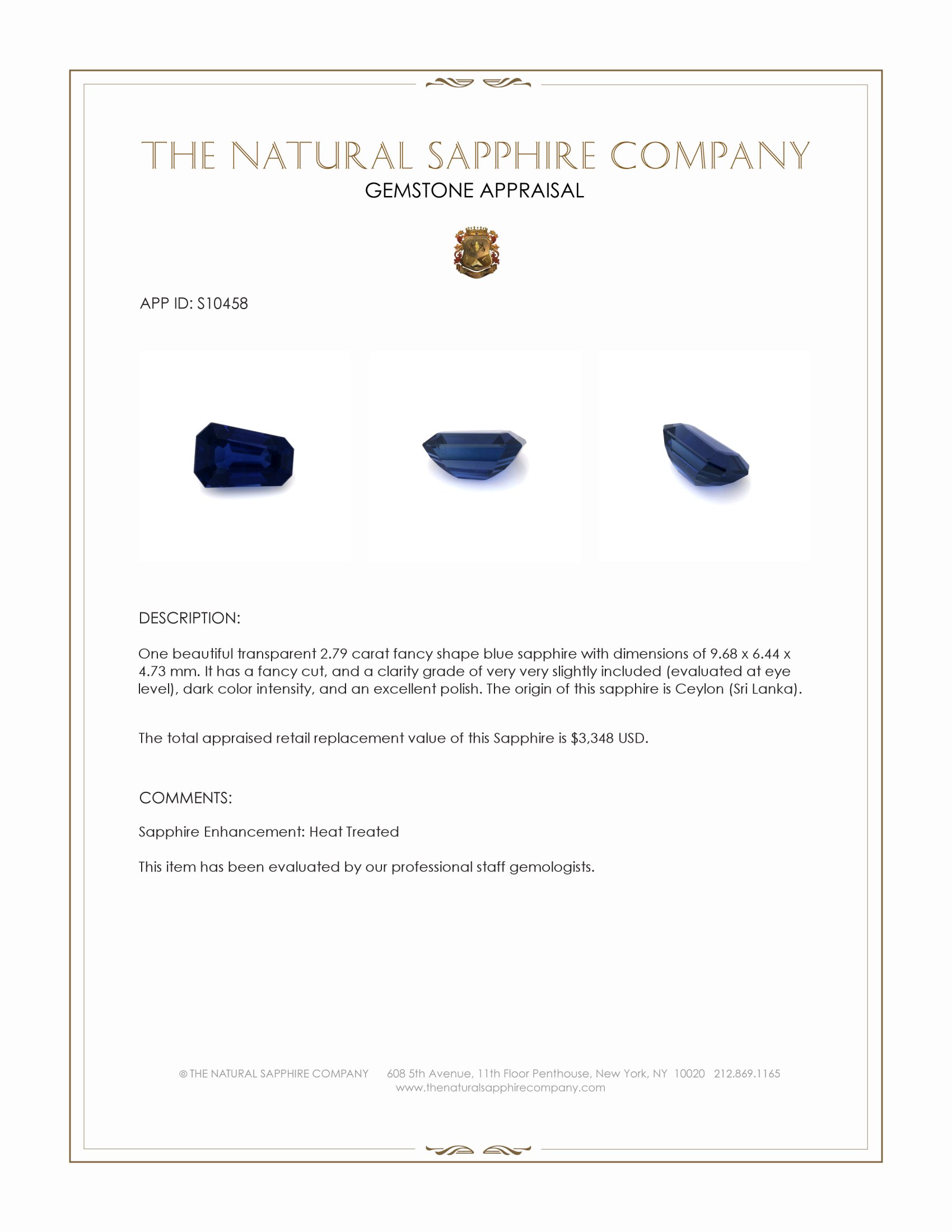 2.79 Ct. Blue Sapphire from Ceylon (Sri Lanka)