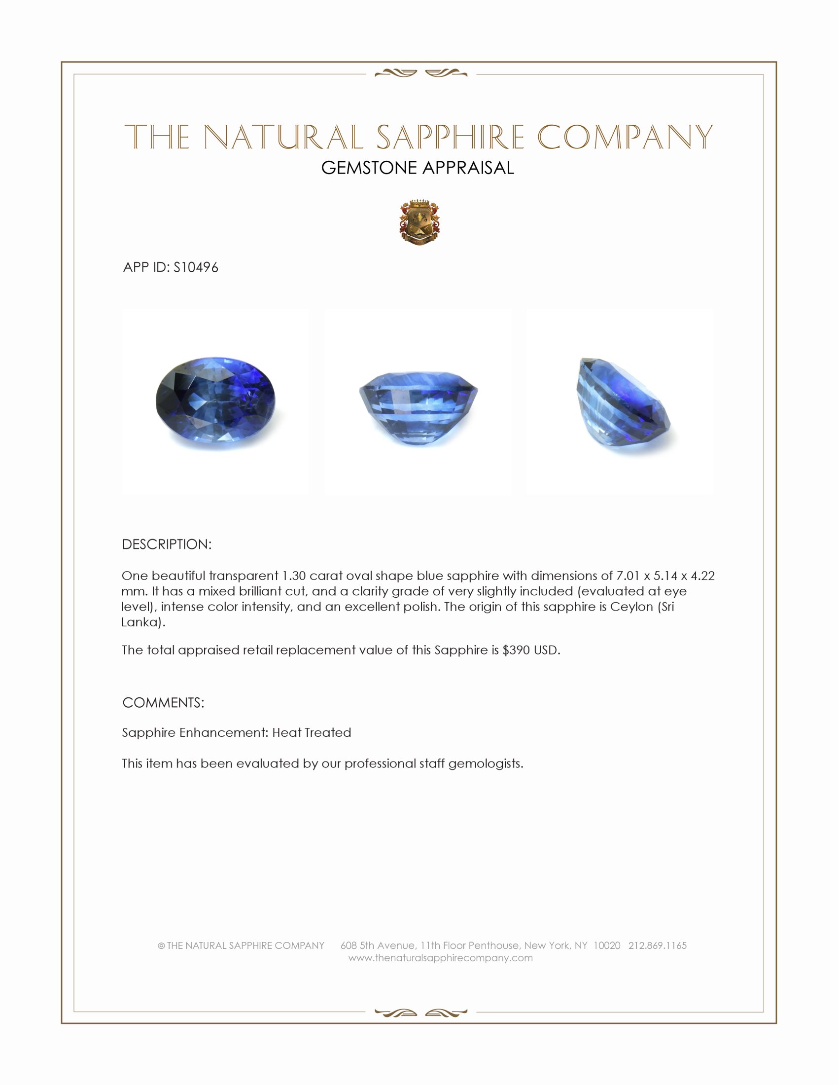 1.30 Ct. Blue Sapphire from Ceylon (Sri Lanka)