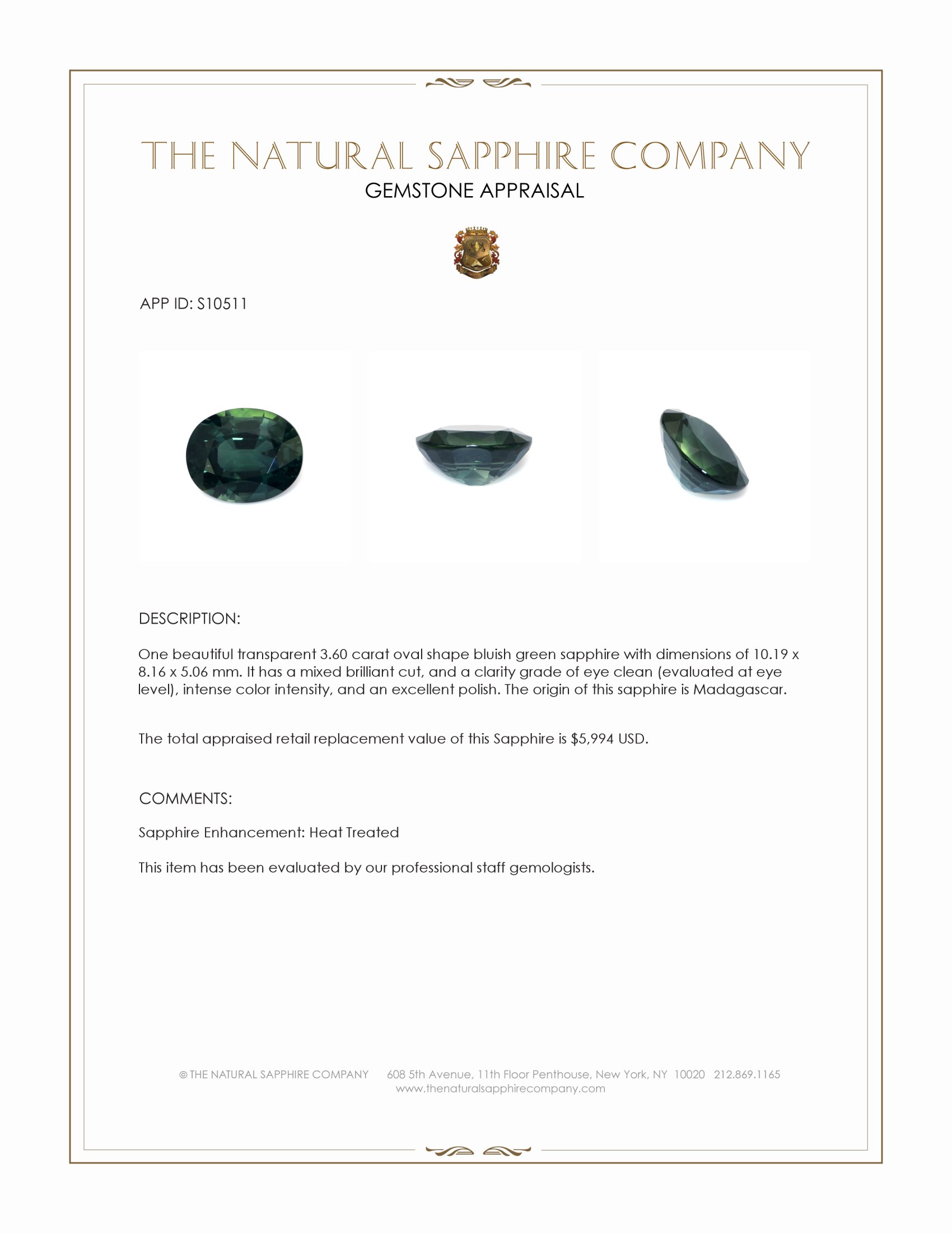 3.60 Ct. Bluish Green Sapphire from Madagascar