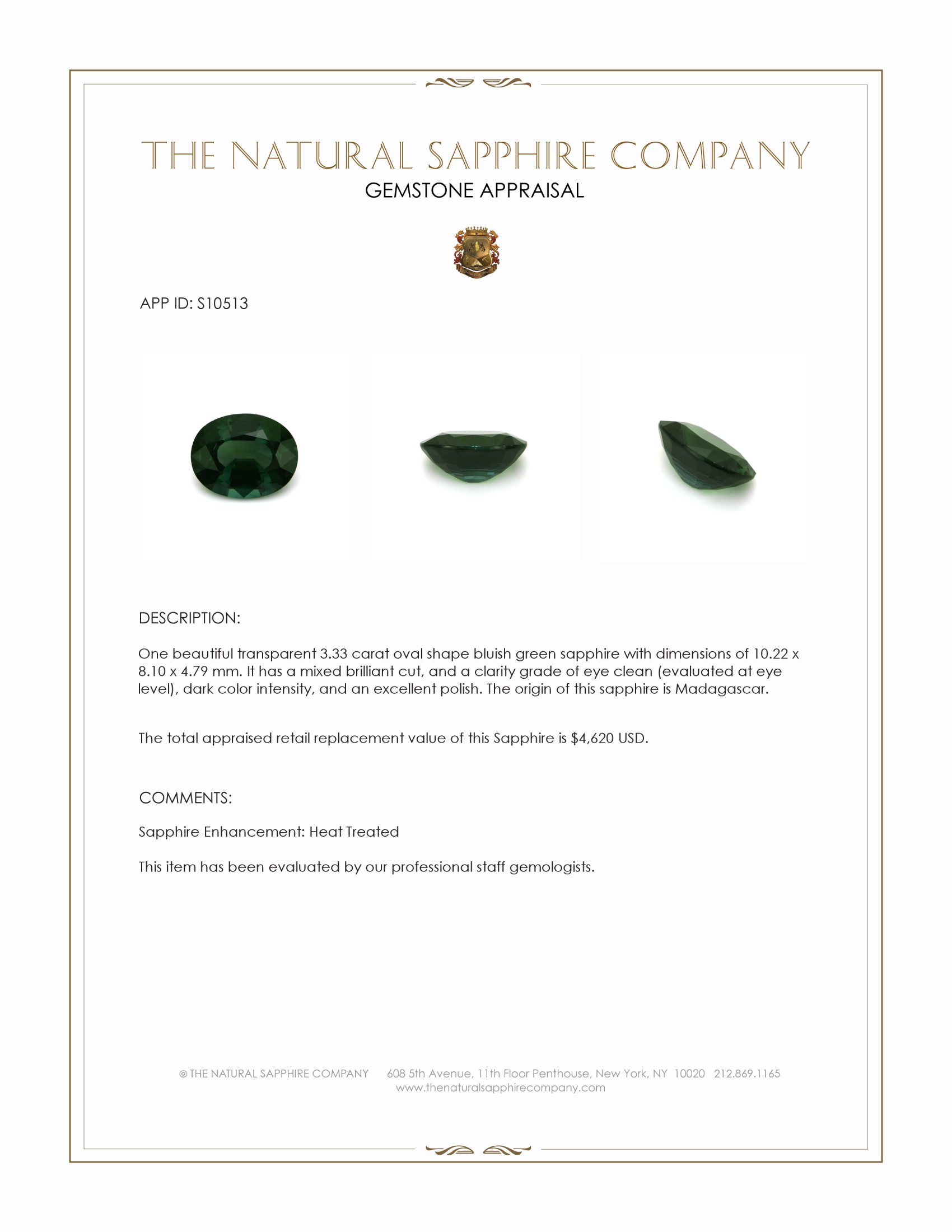 3.33 Ct. Bluish Green Sapphire from Madagascar
