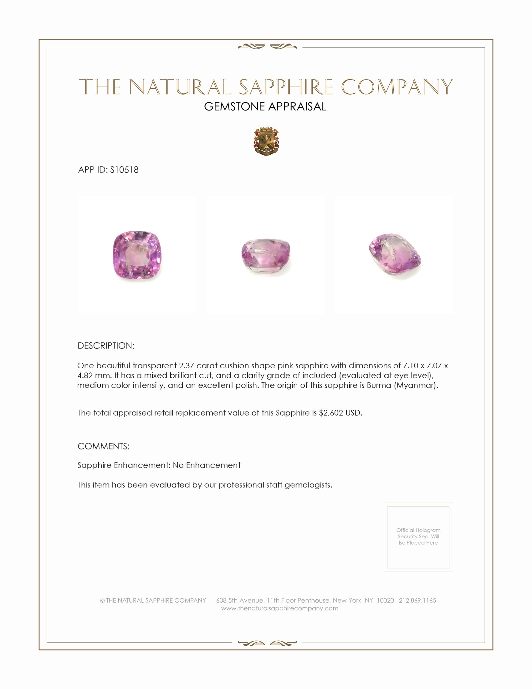 2.37 Ct. Purplish Pink Sapphire from Burma (Myanmar)