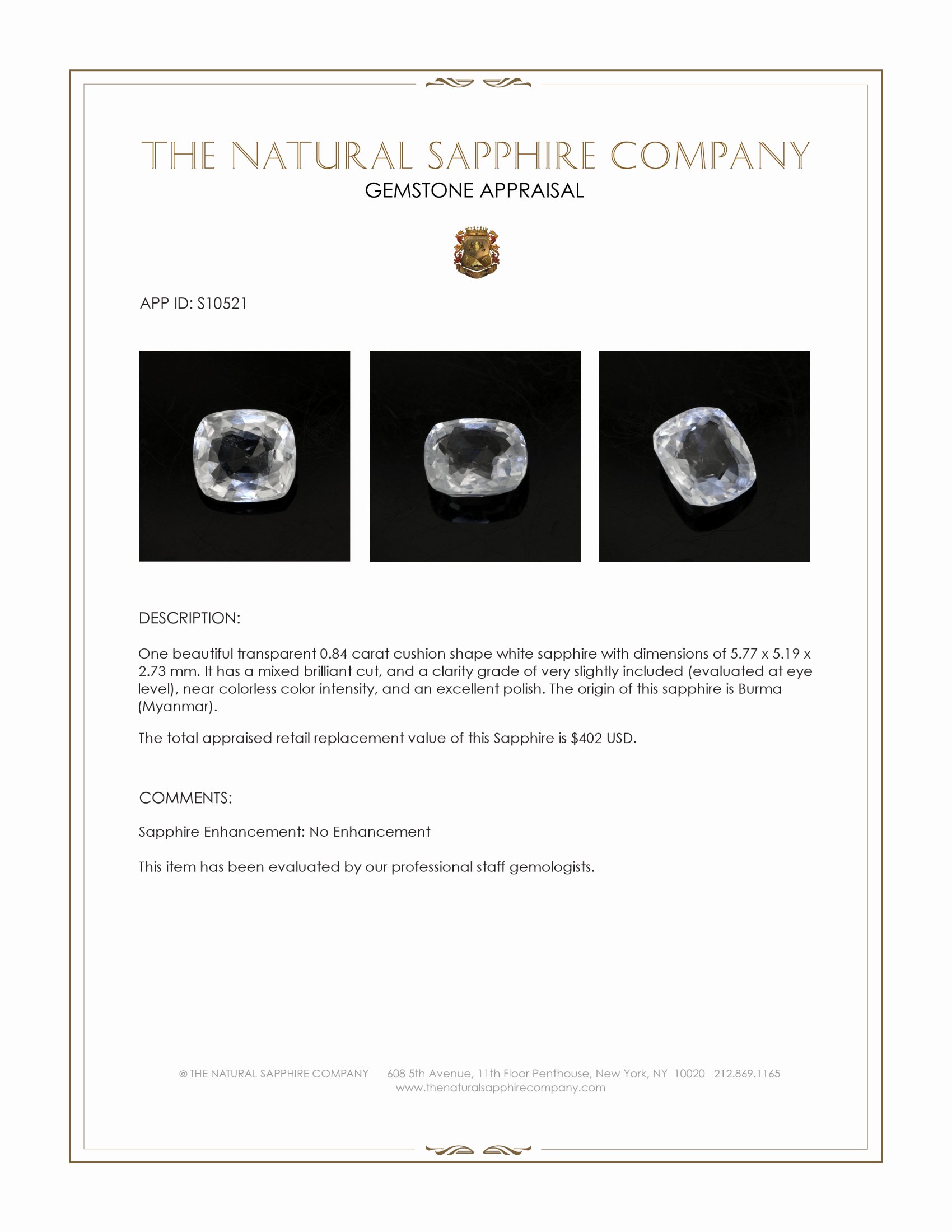 0.84 Ct. White Sapphire from Burma (Myanmar)