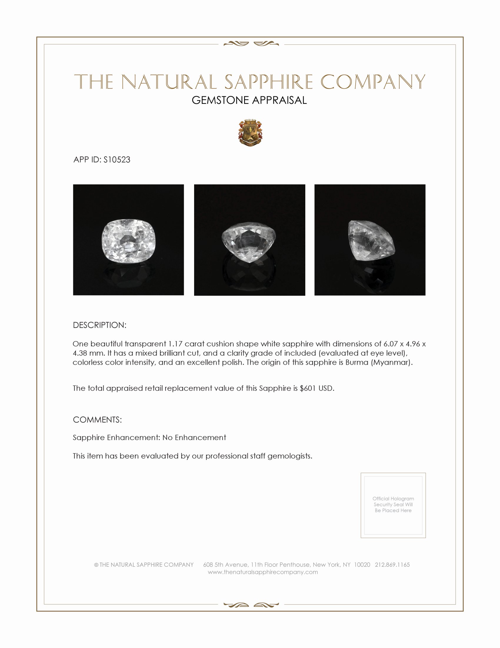 1.17 Ct. White Sapphire from Burma (Myanmar)