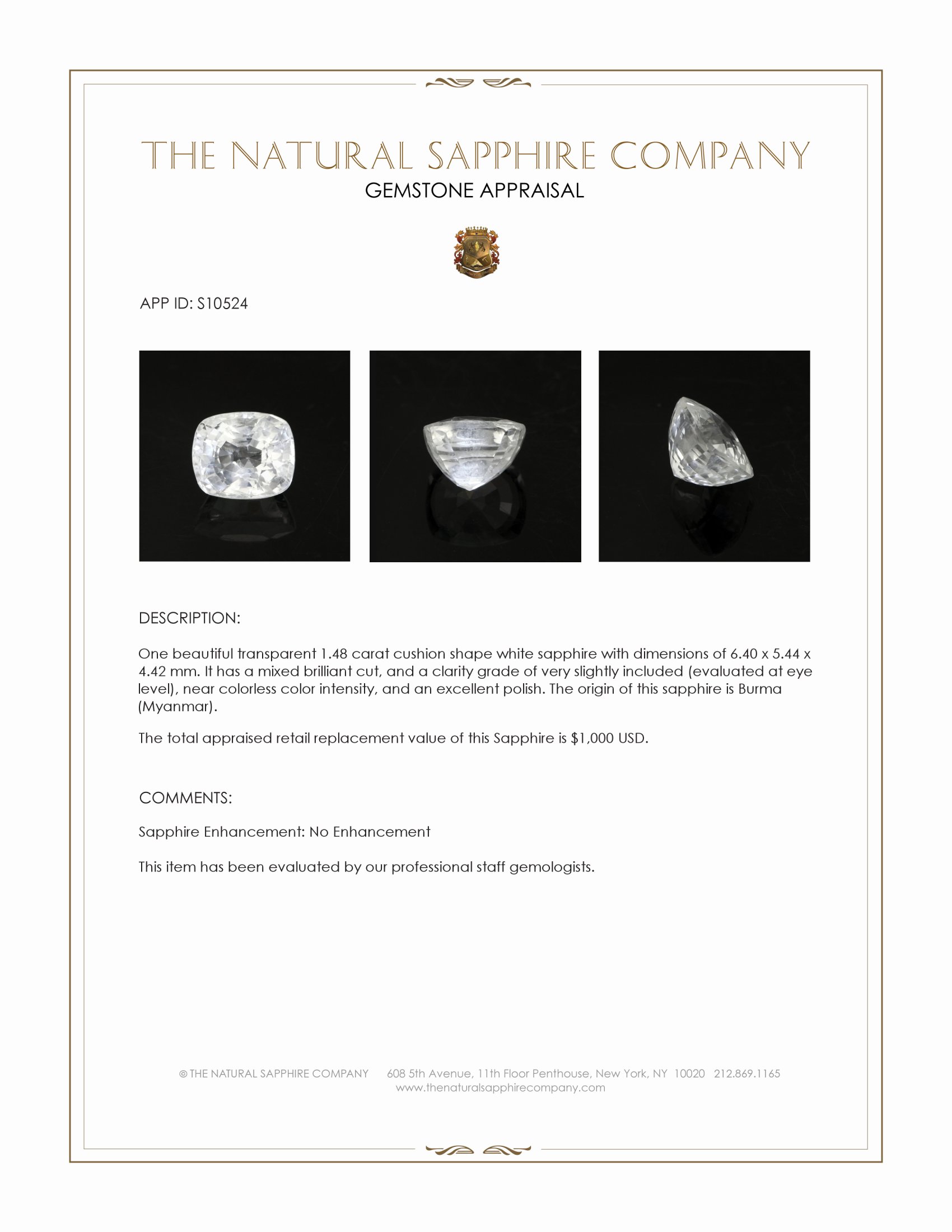 1.48 Ct. White Sapphire from Burma (Myanmar)