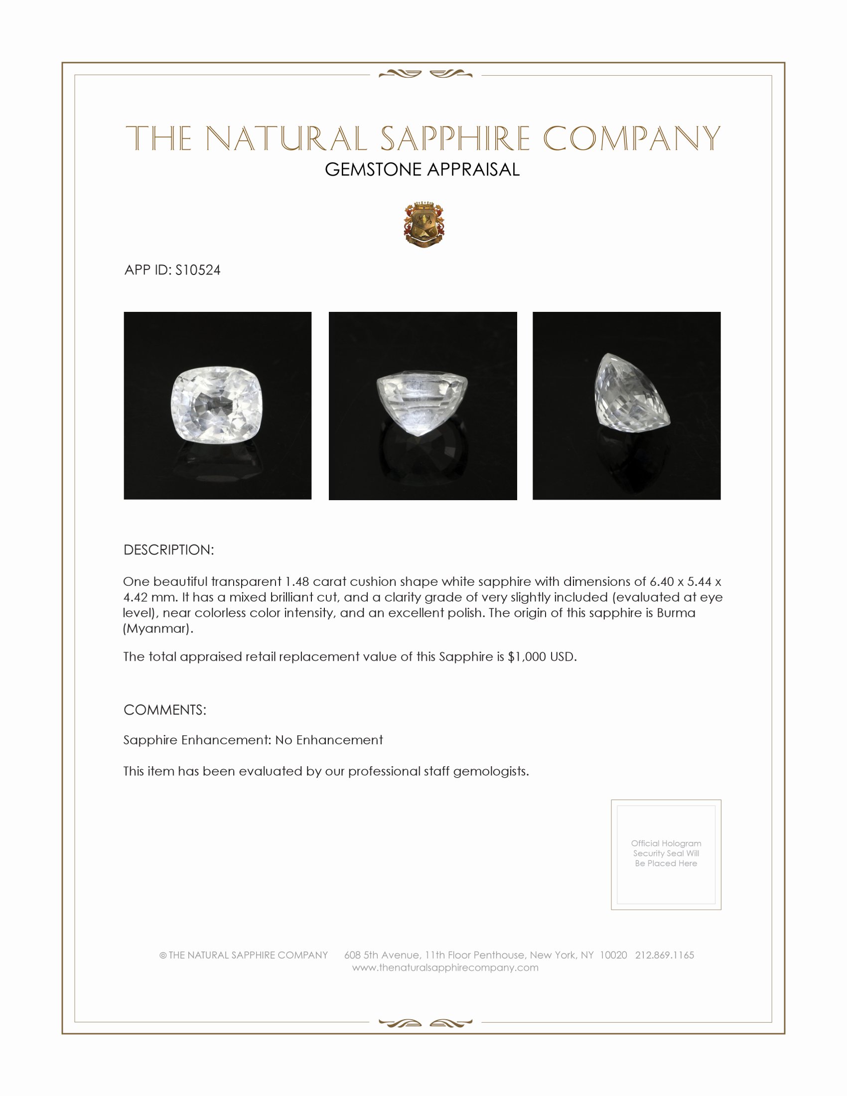 1.48 Ct. White Sapphire from Burma (Myanmar)
