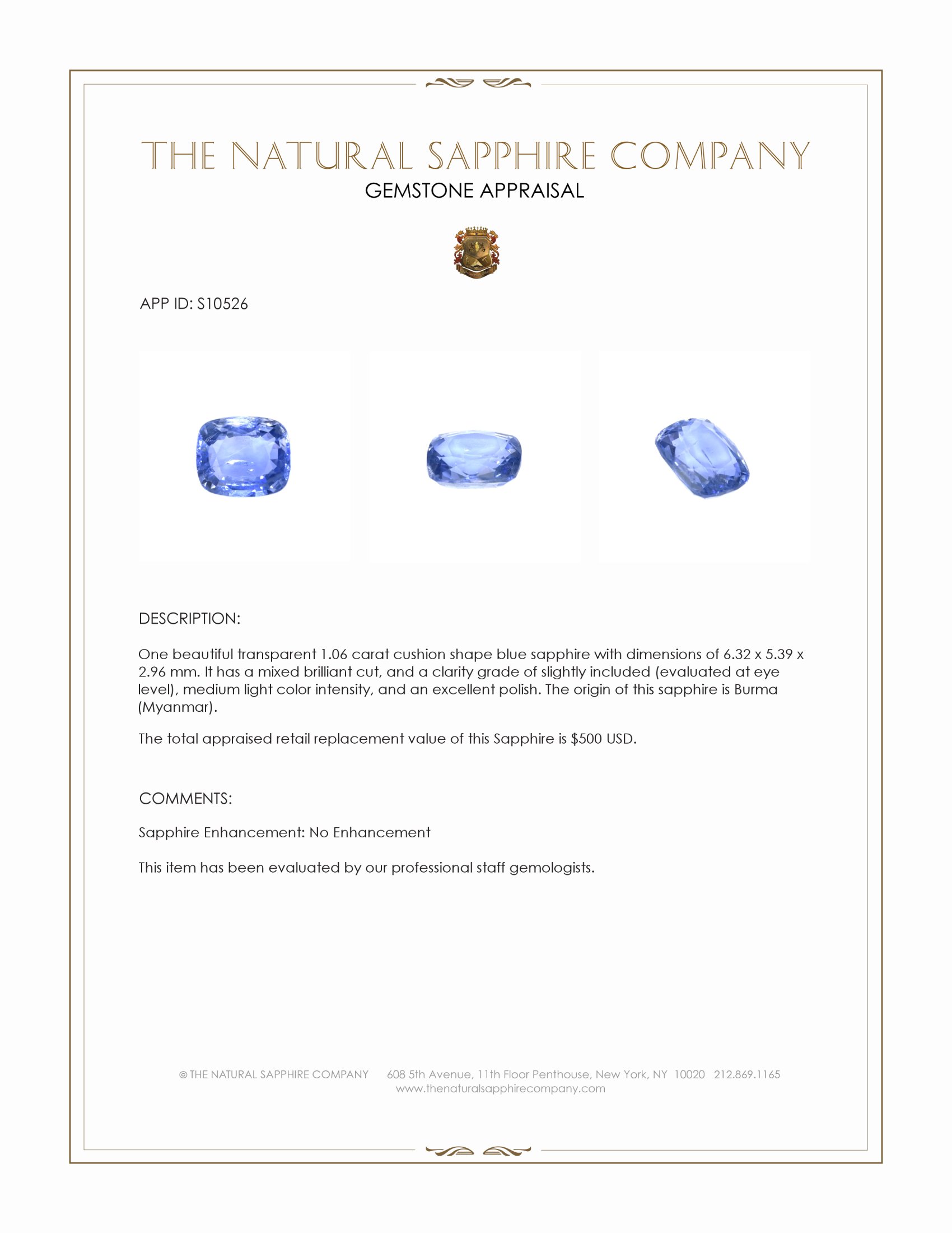 1.06 Ct. Blue Sapphire from Burma (Myanmar)