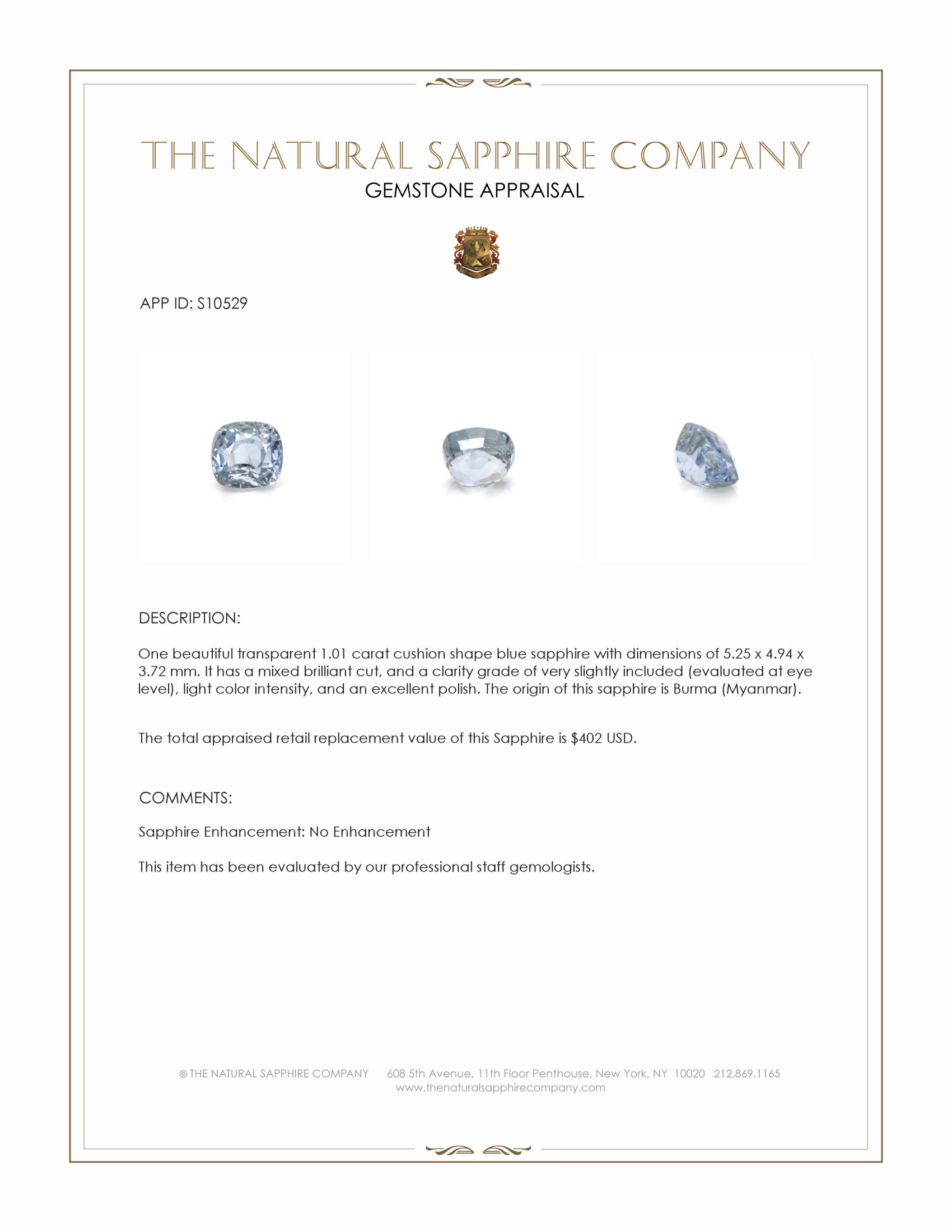 1.01 Ct. Blue Sapphire from Burma (Myanmar)