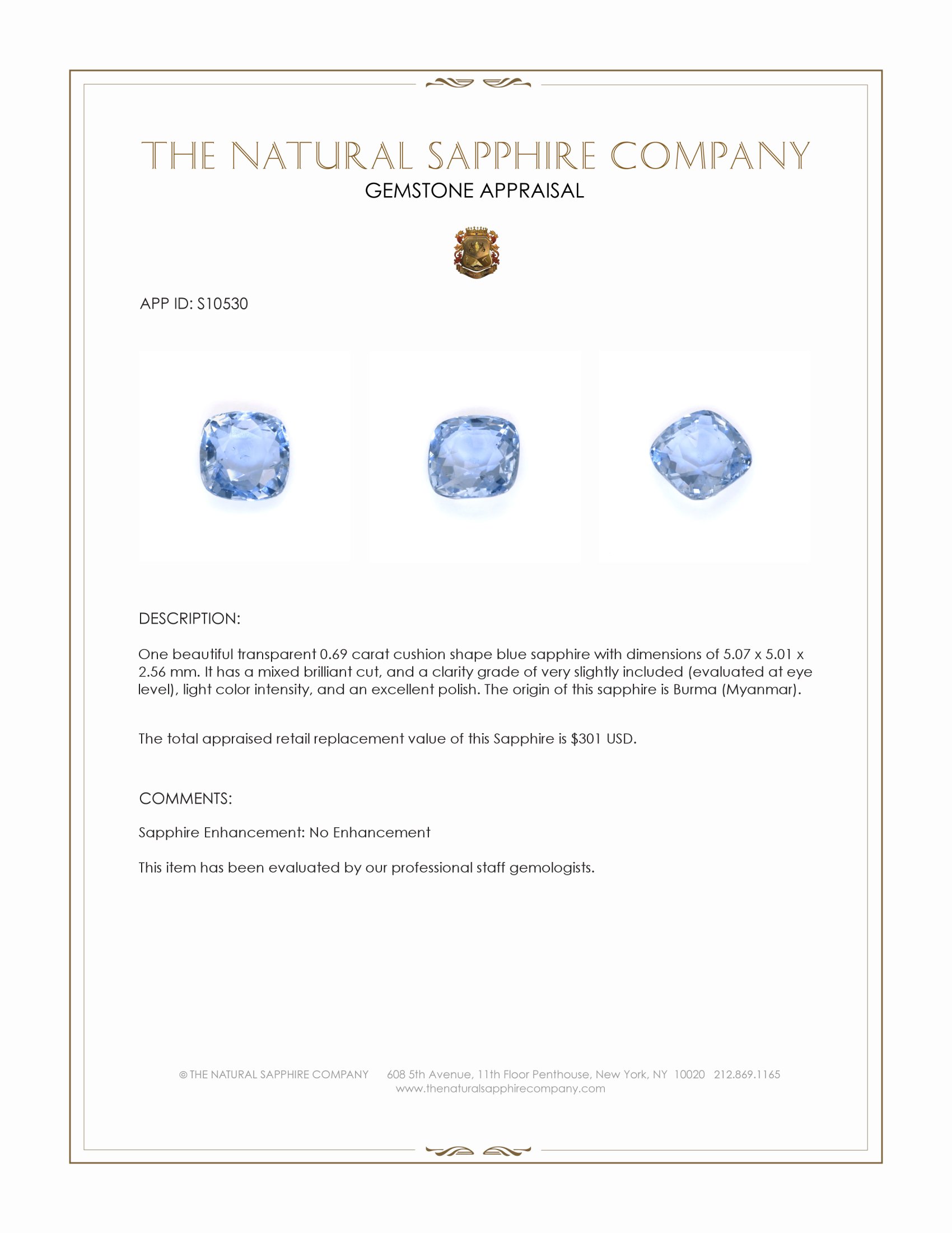 0.69 Ct. Blue Sapphire from Burma (Myanmar)