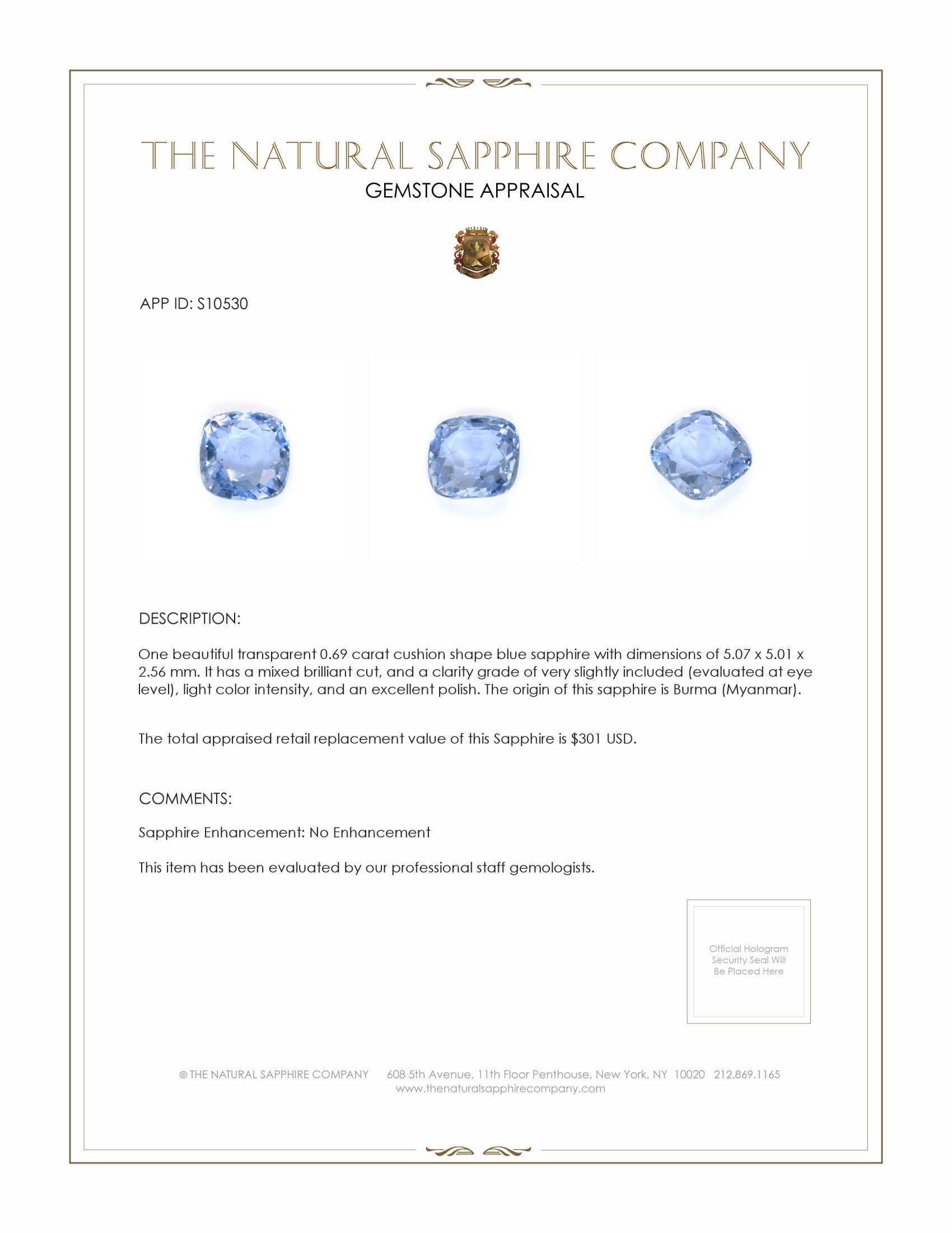 0.69 Ct. Blue Sapphire from Burma (Myanmar)