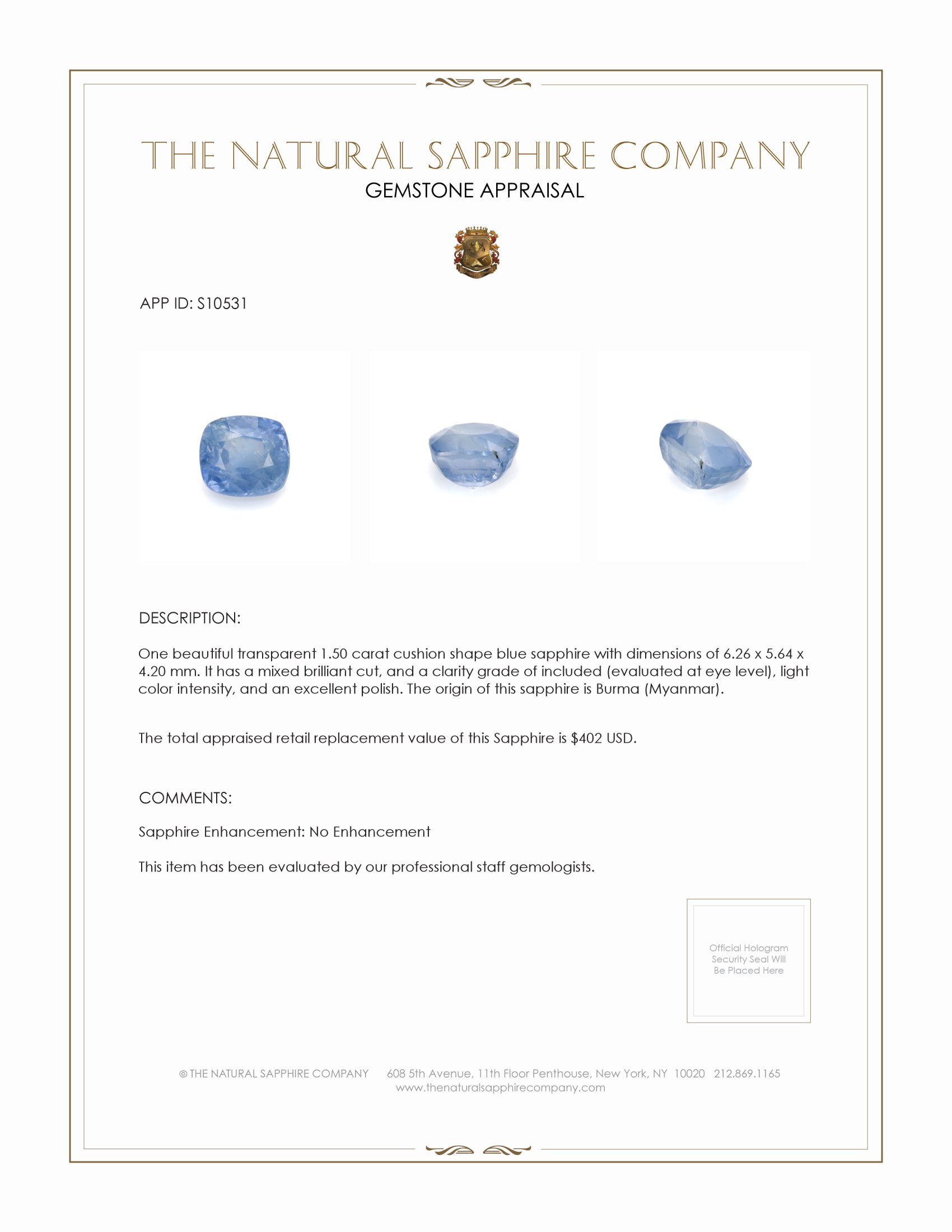 1.50 Ct. Blue Sapphire from Burma (Myanmar)