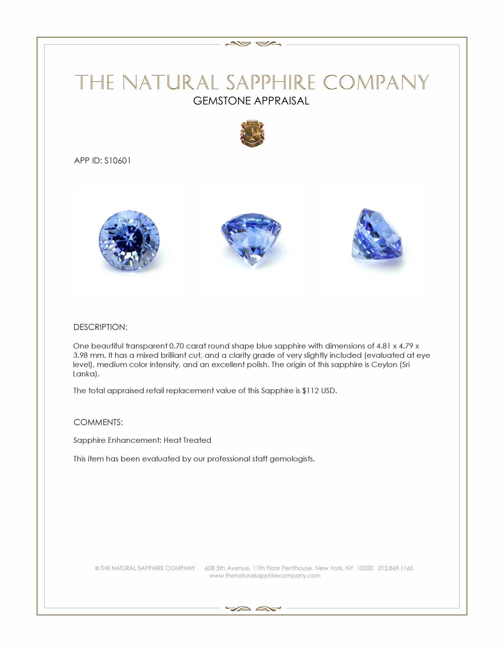 0.70 Ct. Blue Sapphire from Ceylon (Sri Lanka)