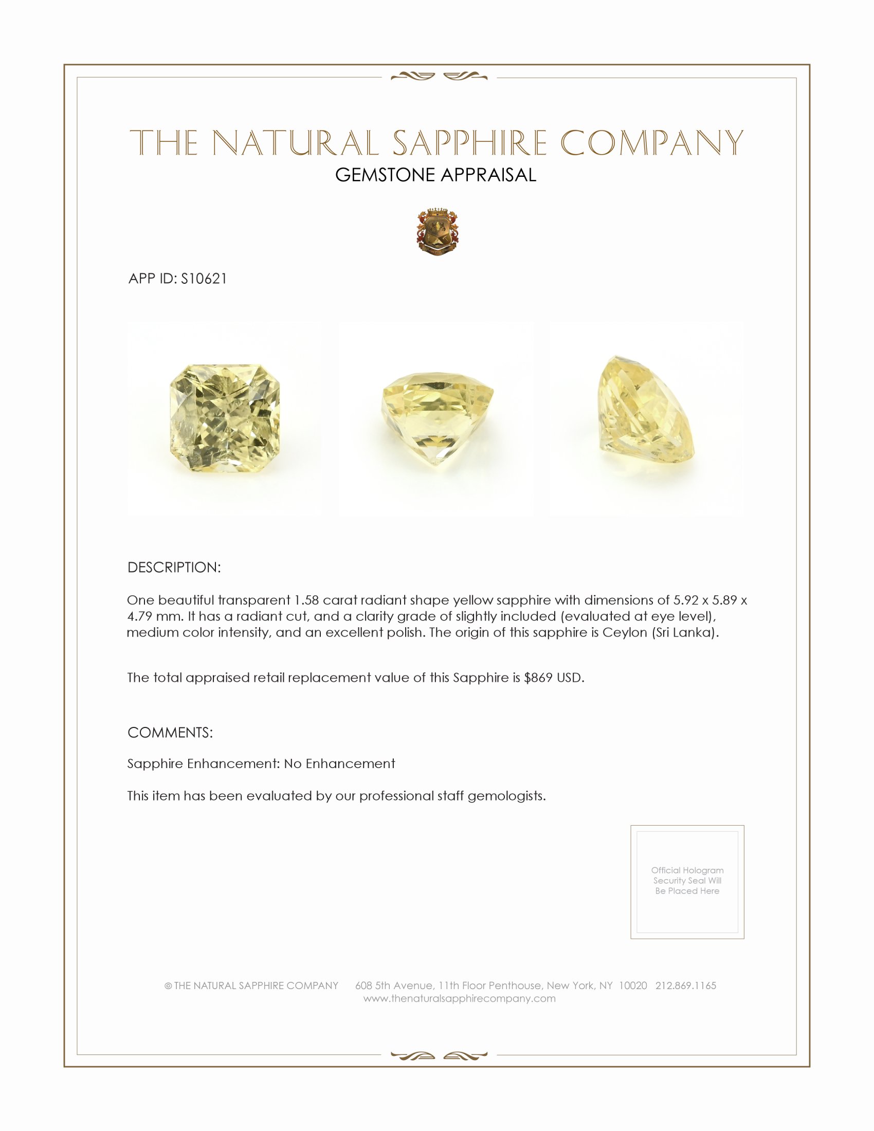 1.58 Ct. Yellow Sapphire from Ceylon (Sri Lanka)