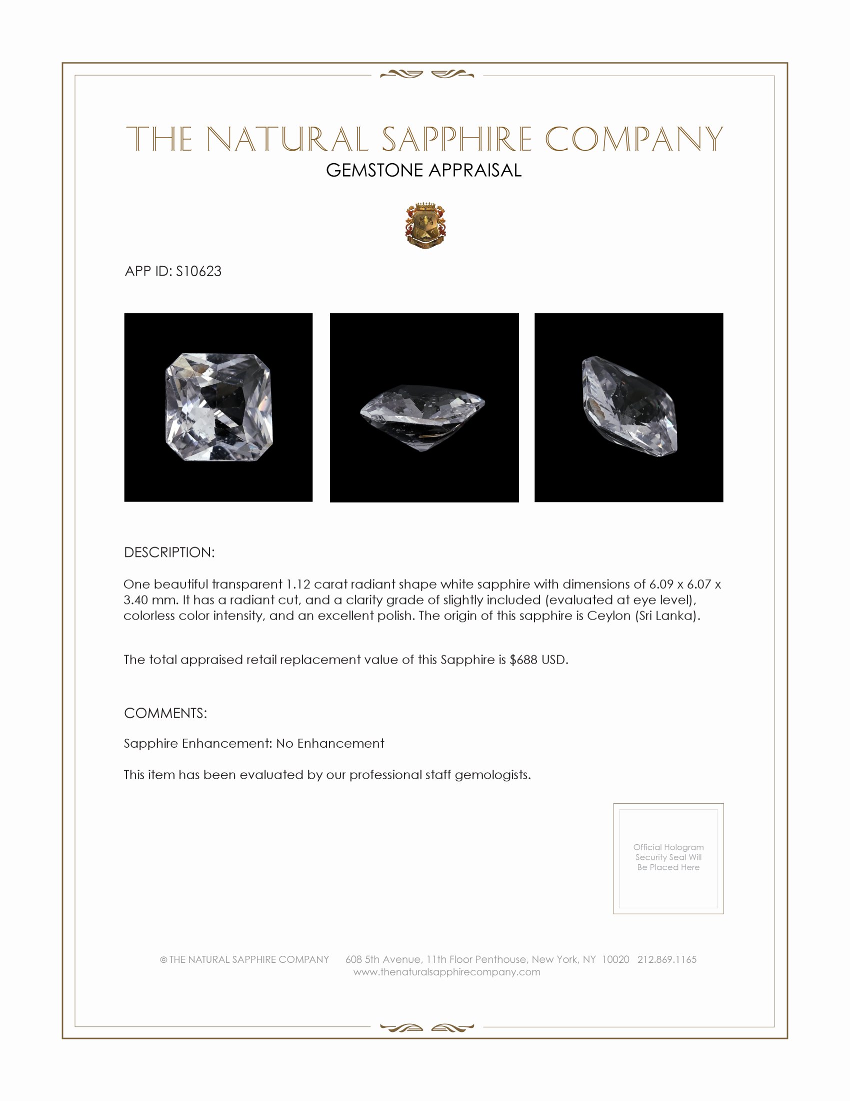 1.12 Ct. White Sapphire from Ceylon (Sri Lanka)