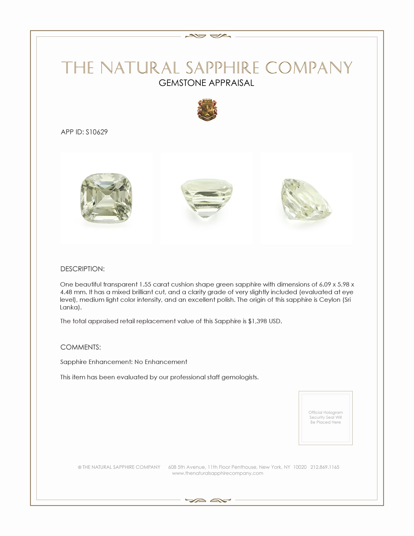 1.55 Ct. Green Sapphire from Ceylon (Sri Lanka)