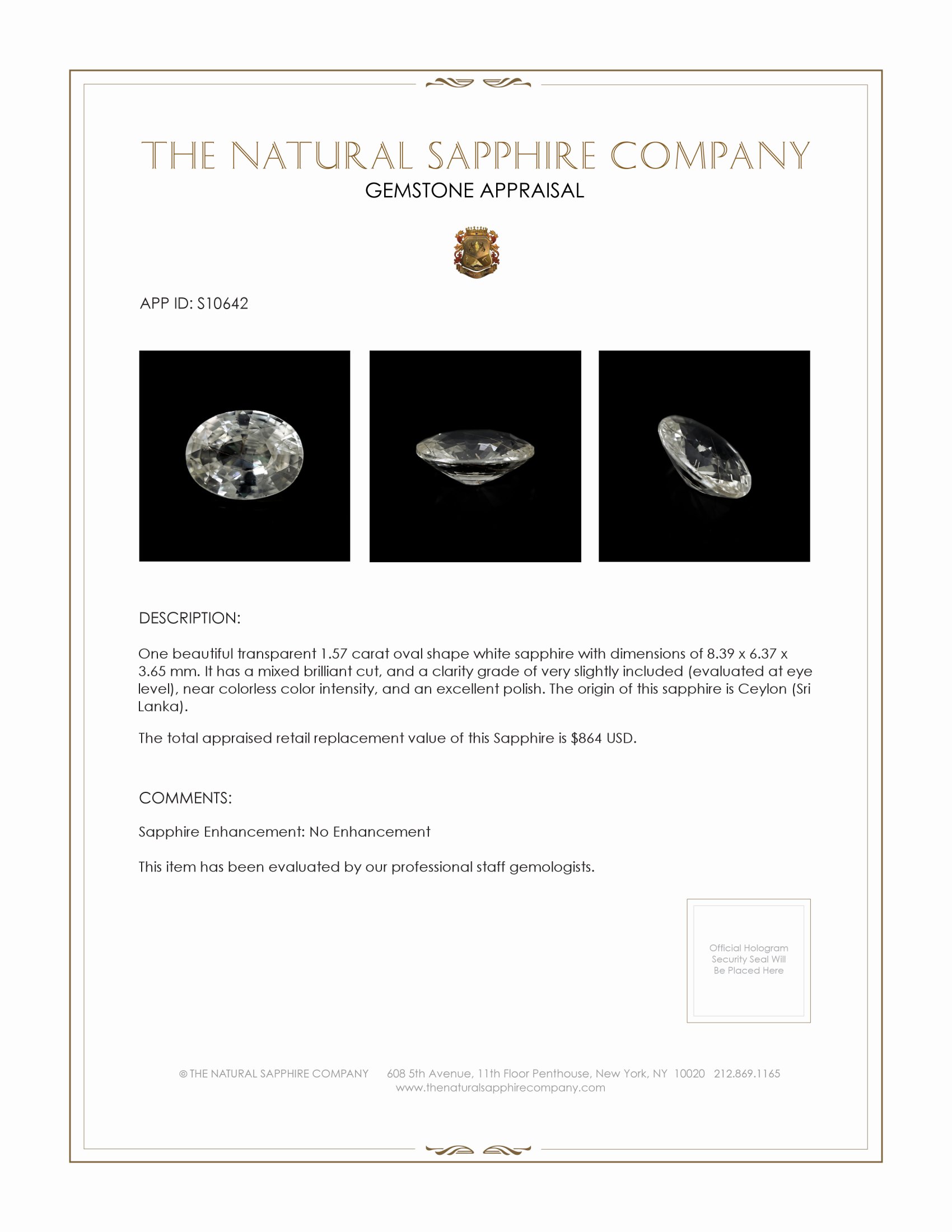 1.57 Ct. White Sapphire from Ceylon (Sri Lanka)