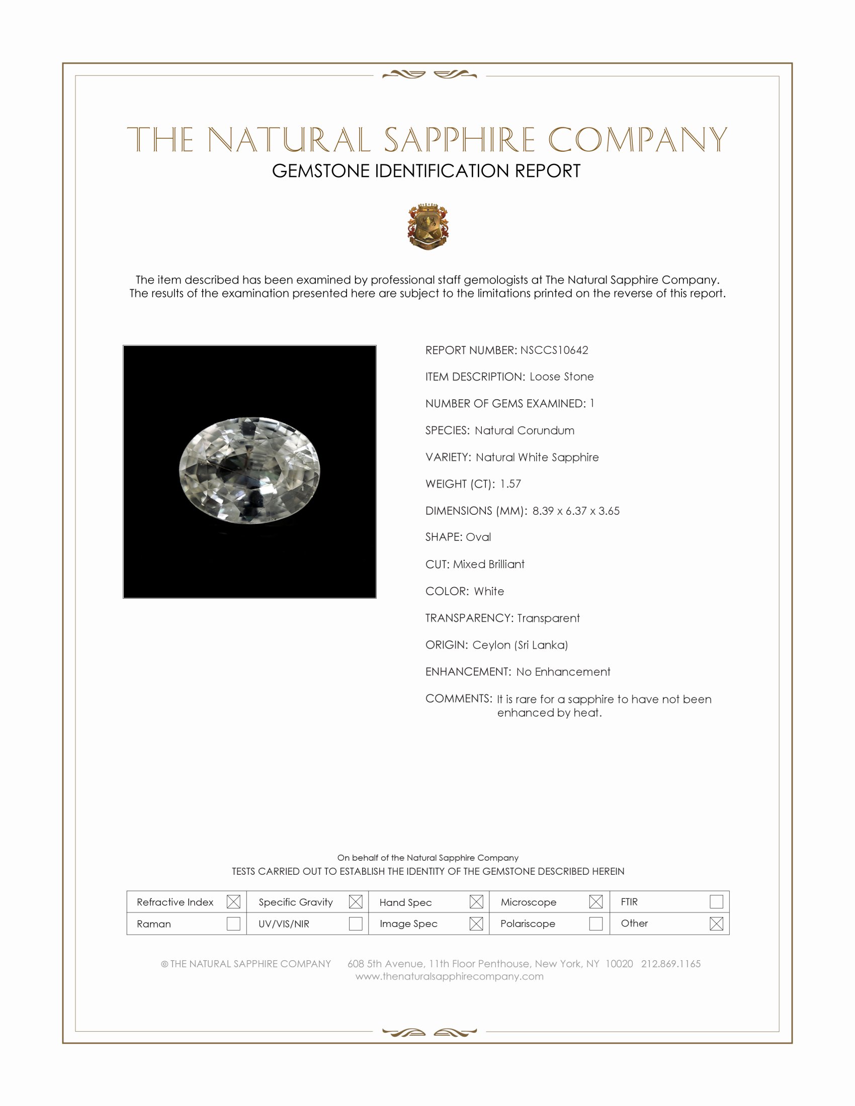 1.57 Ct. White Sapphire from Ceylon (Sri Lanka)