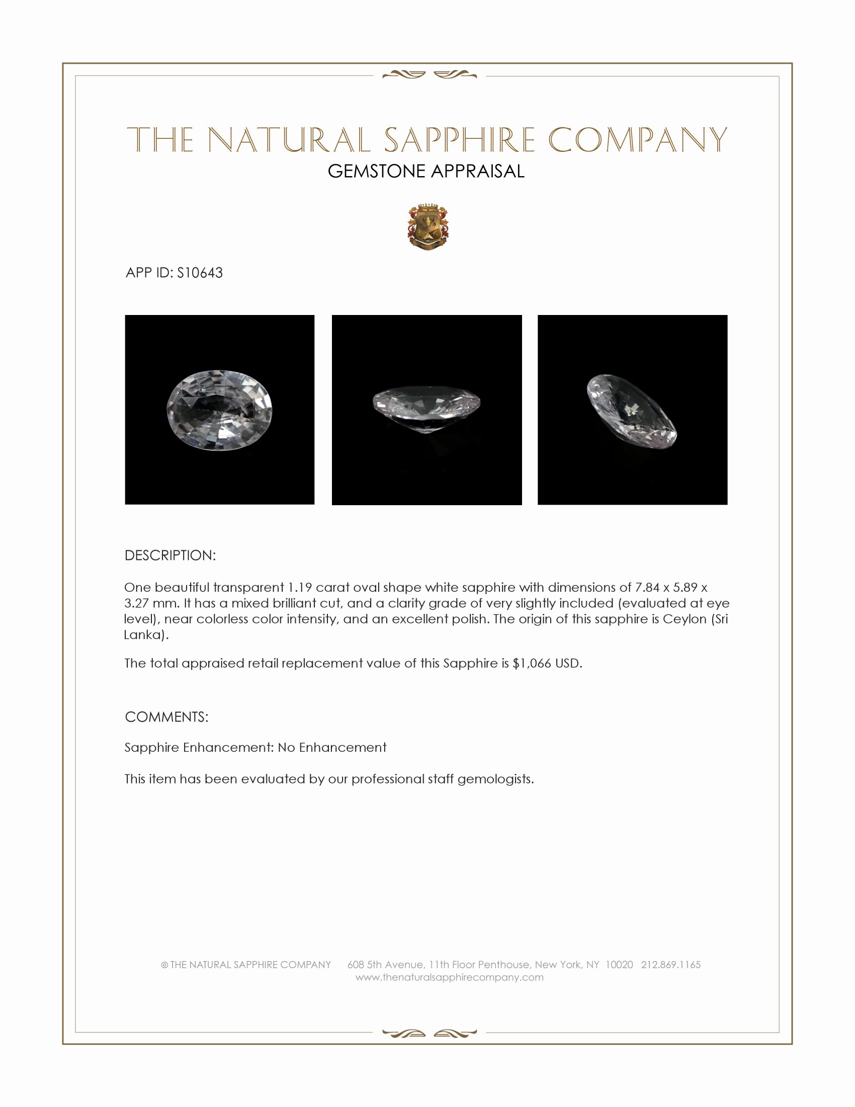 1.19 Ct. White Sapphire from Ceylon (Sri Lanka)