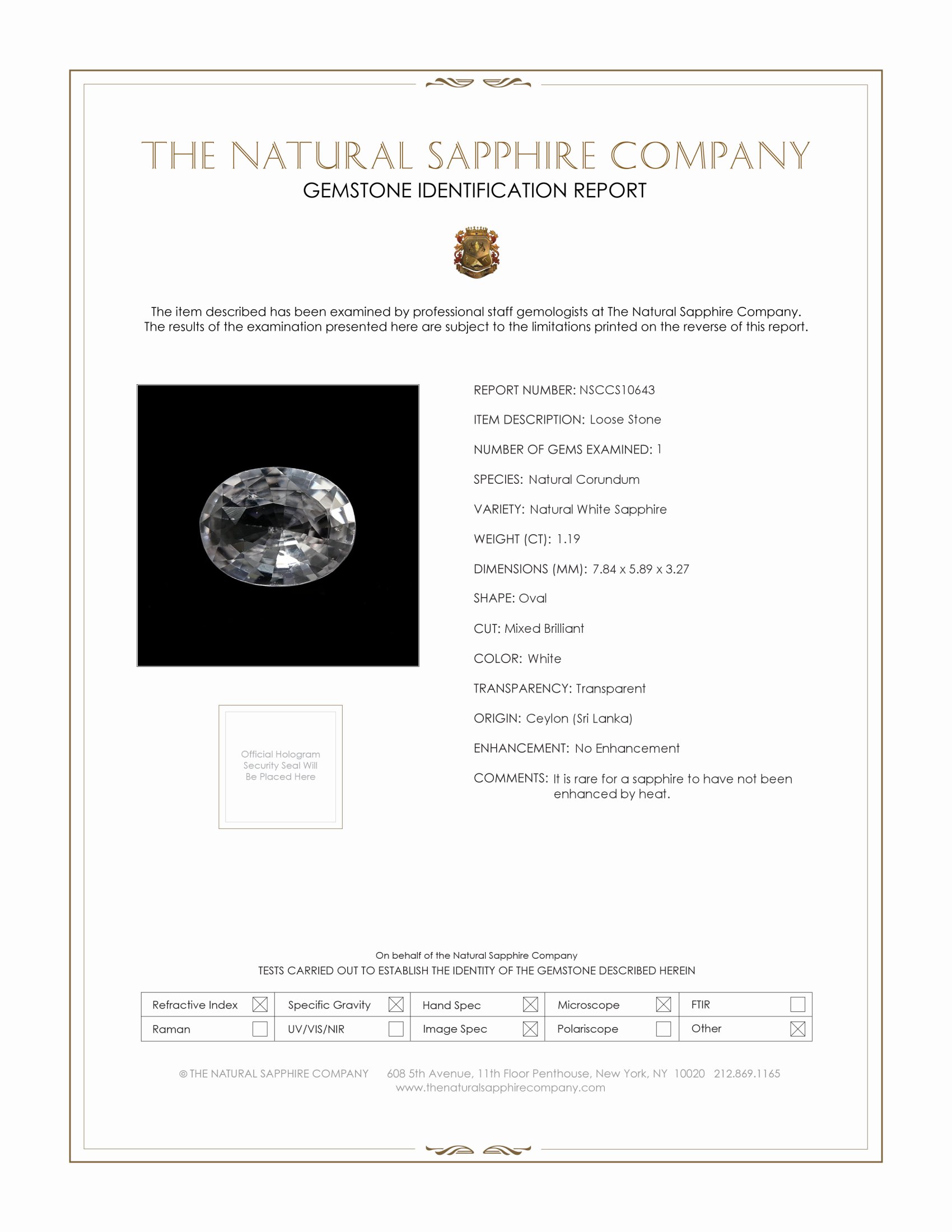 1.19 Ct. White Sapphire from Ceylon (Sri Lanka)