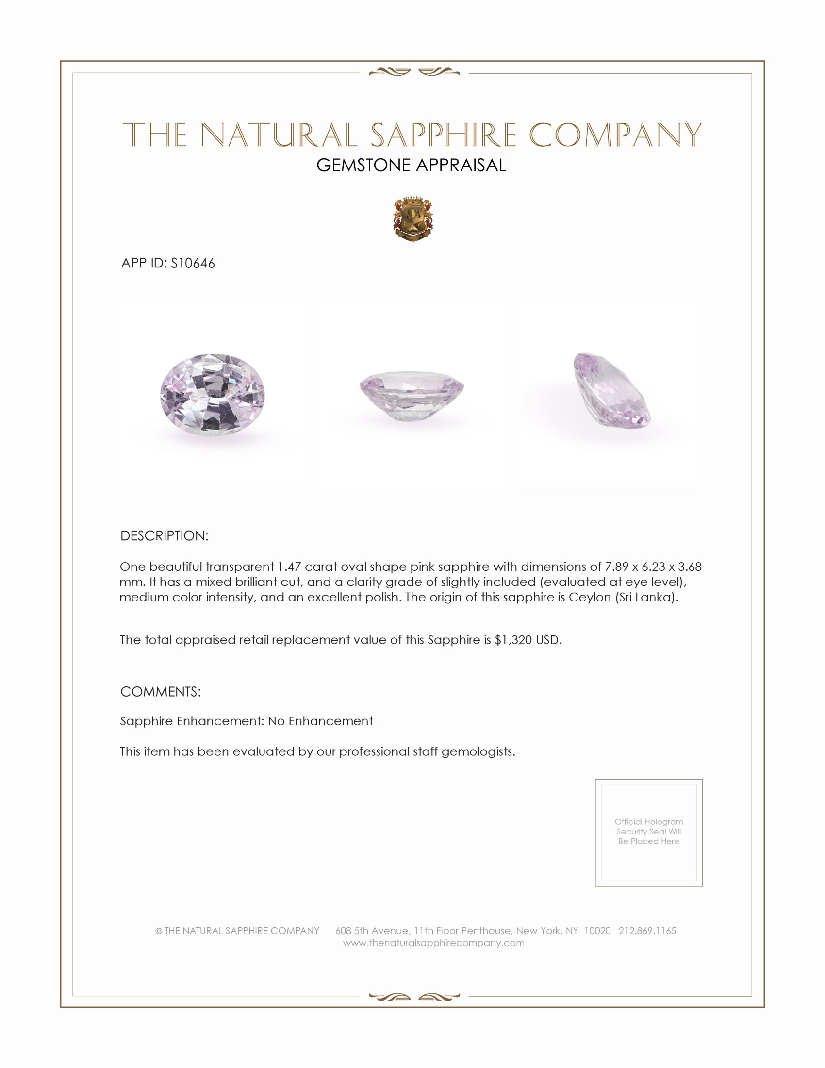 1.47 Ct. Pink Sapphire from Ceylon (Sri Lanka)