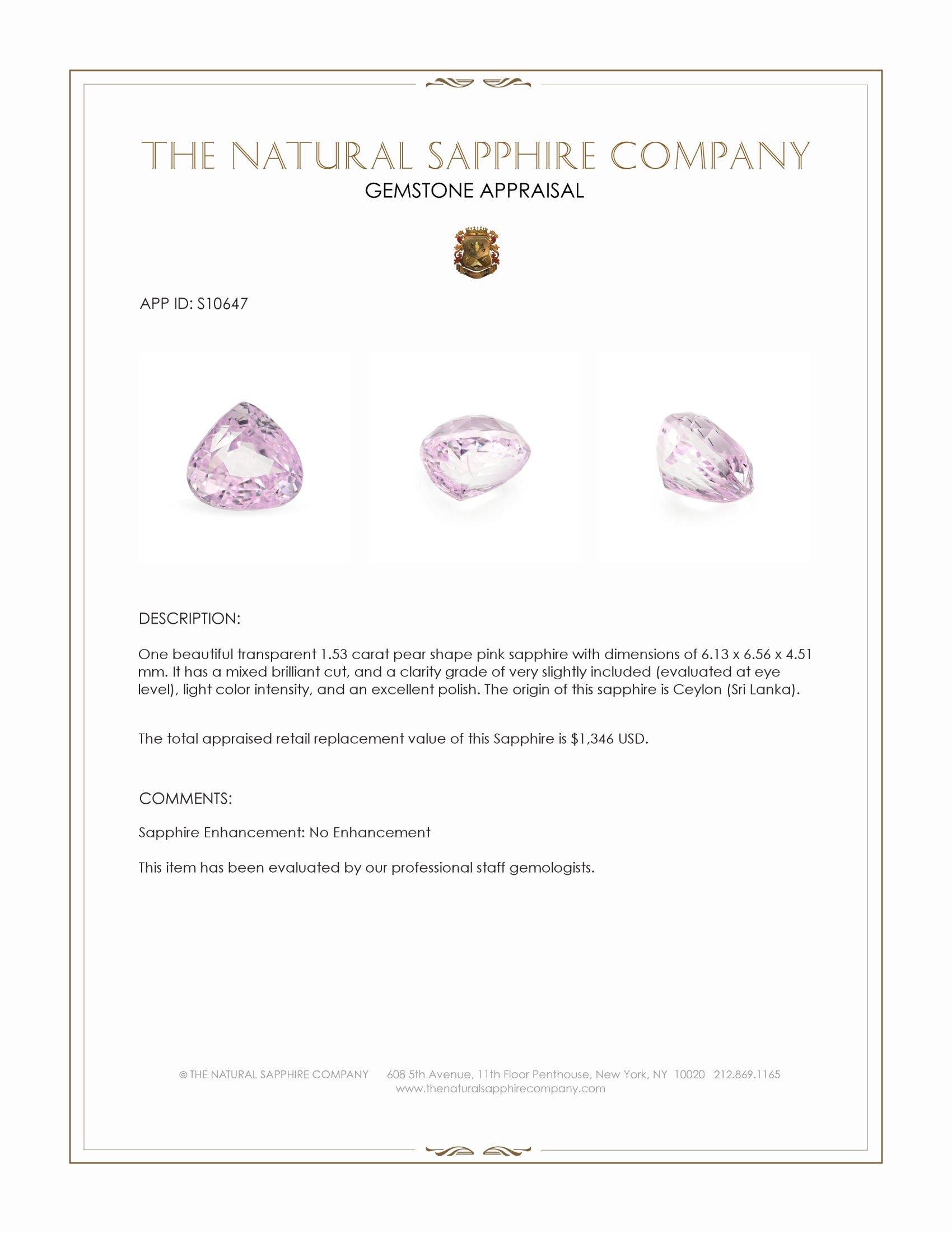 1.53 Ct. Pink Sapphire from Ceylon (Sri Lanka)