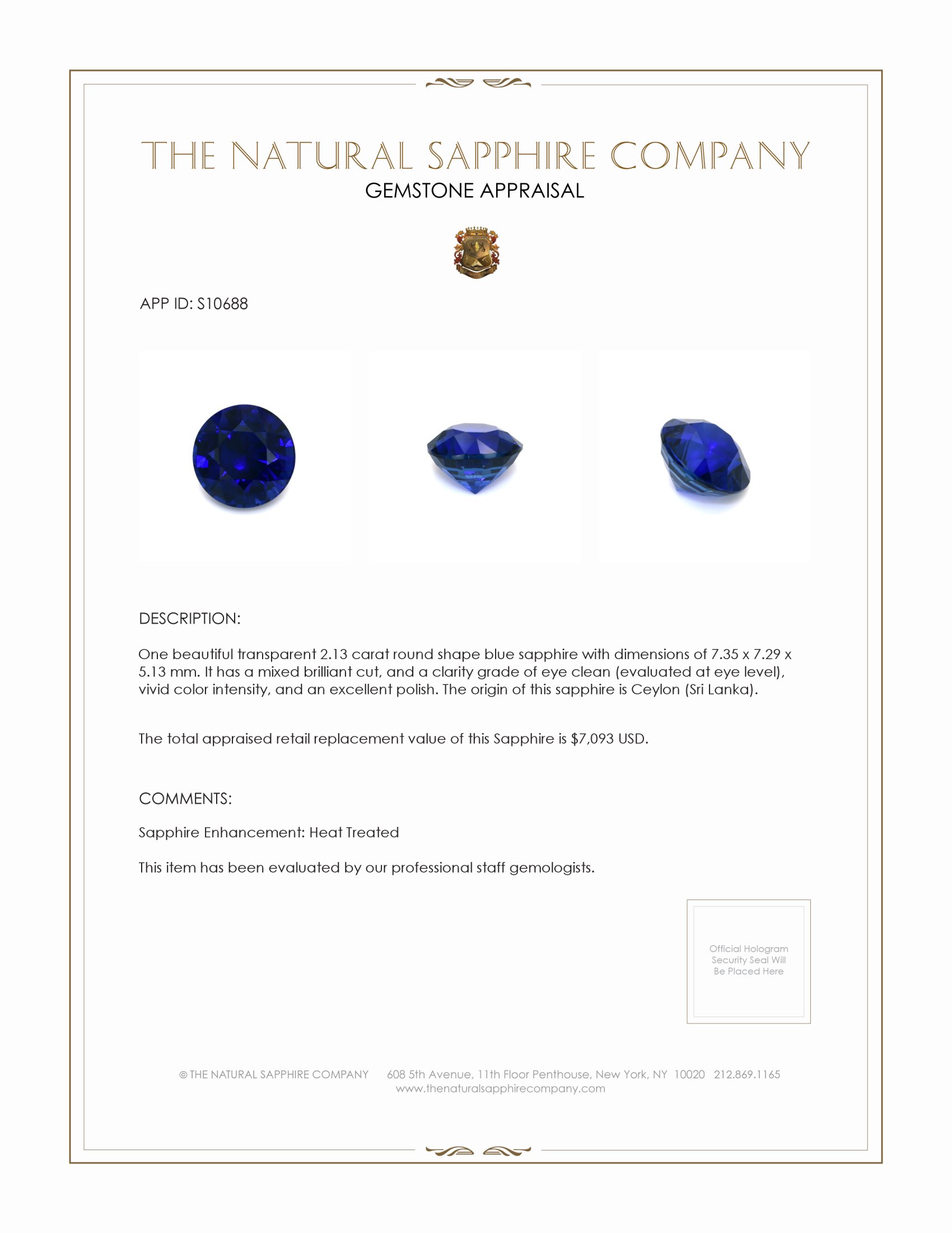 2.13 Ct. Blue Sapphire from Ceylon (Sri Lanka)