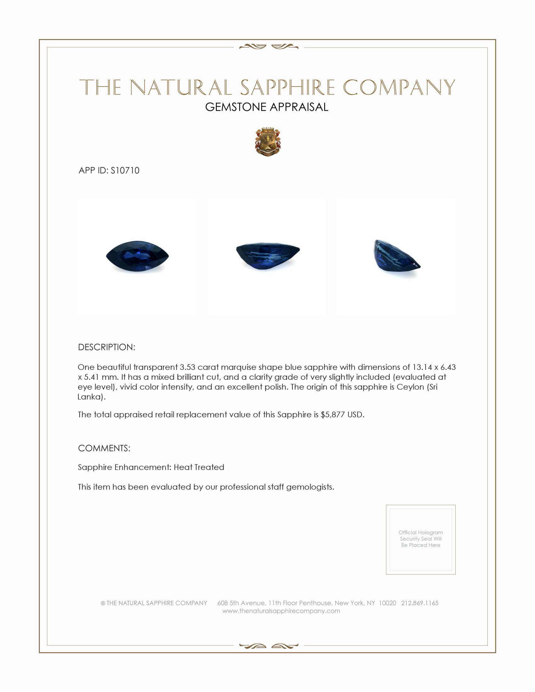 3.53 Ct. Blue Sapphire from Ceylon (Sri Lanka)