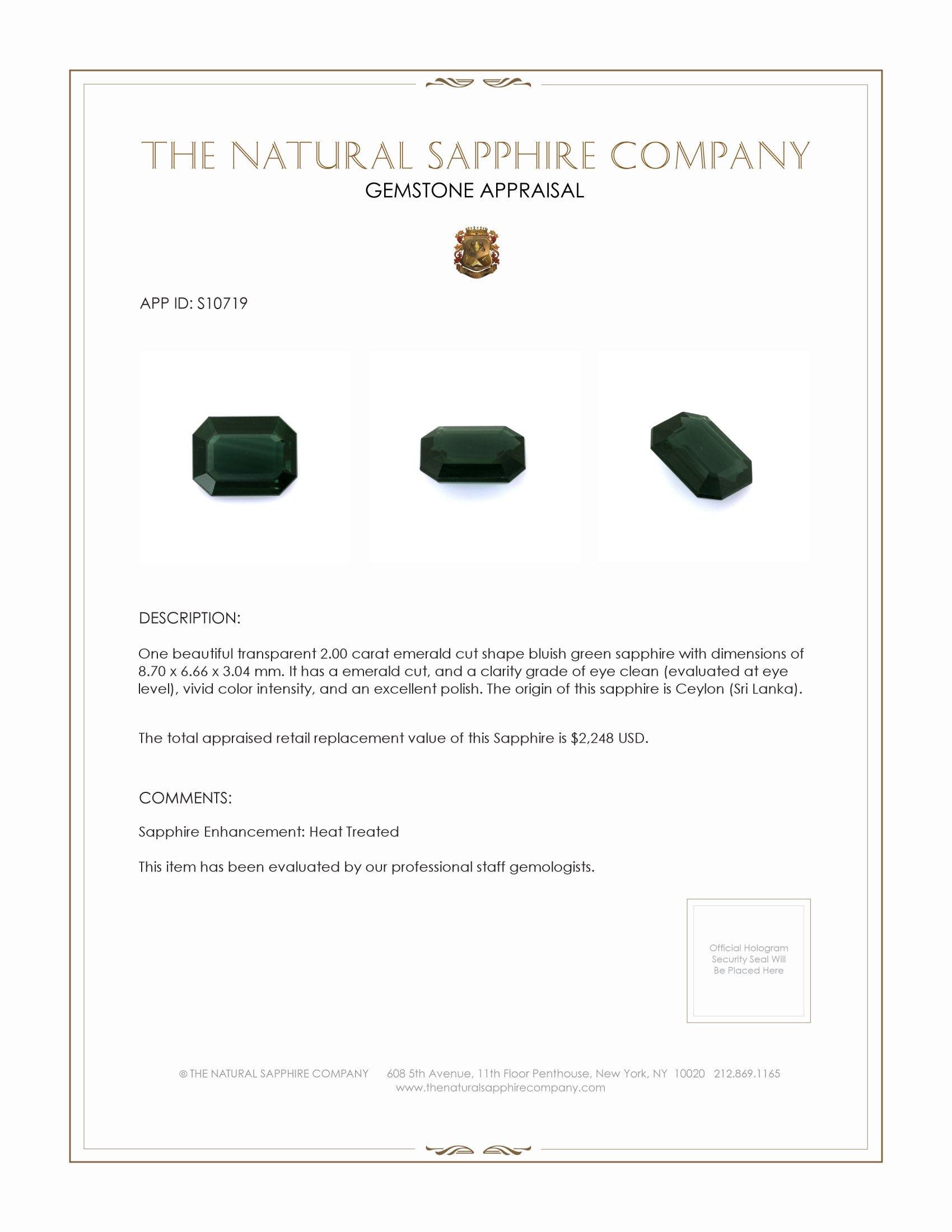 2.00 Ct. Bluish Green Sapphire from Ceylon (Sri Lanka)