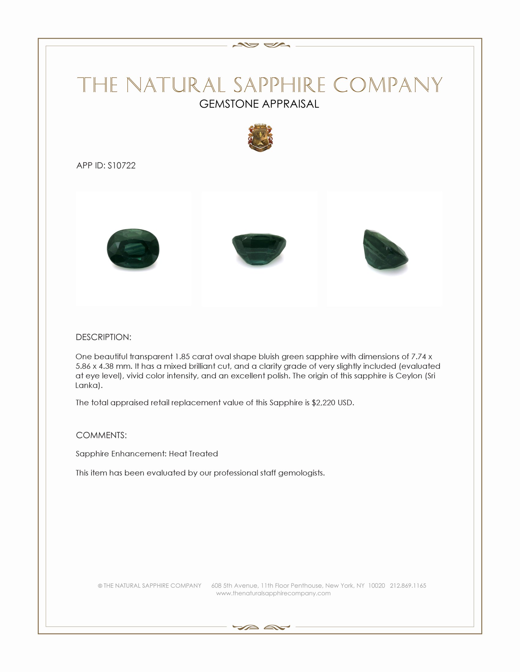 1.85 Ct. Green Sapphire from Ceylon (Sri Lanka)