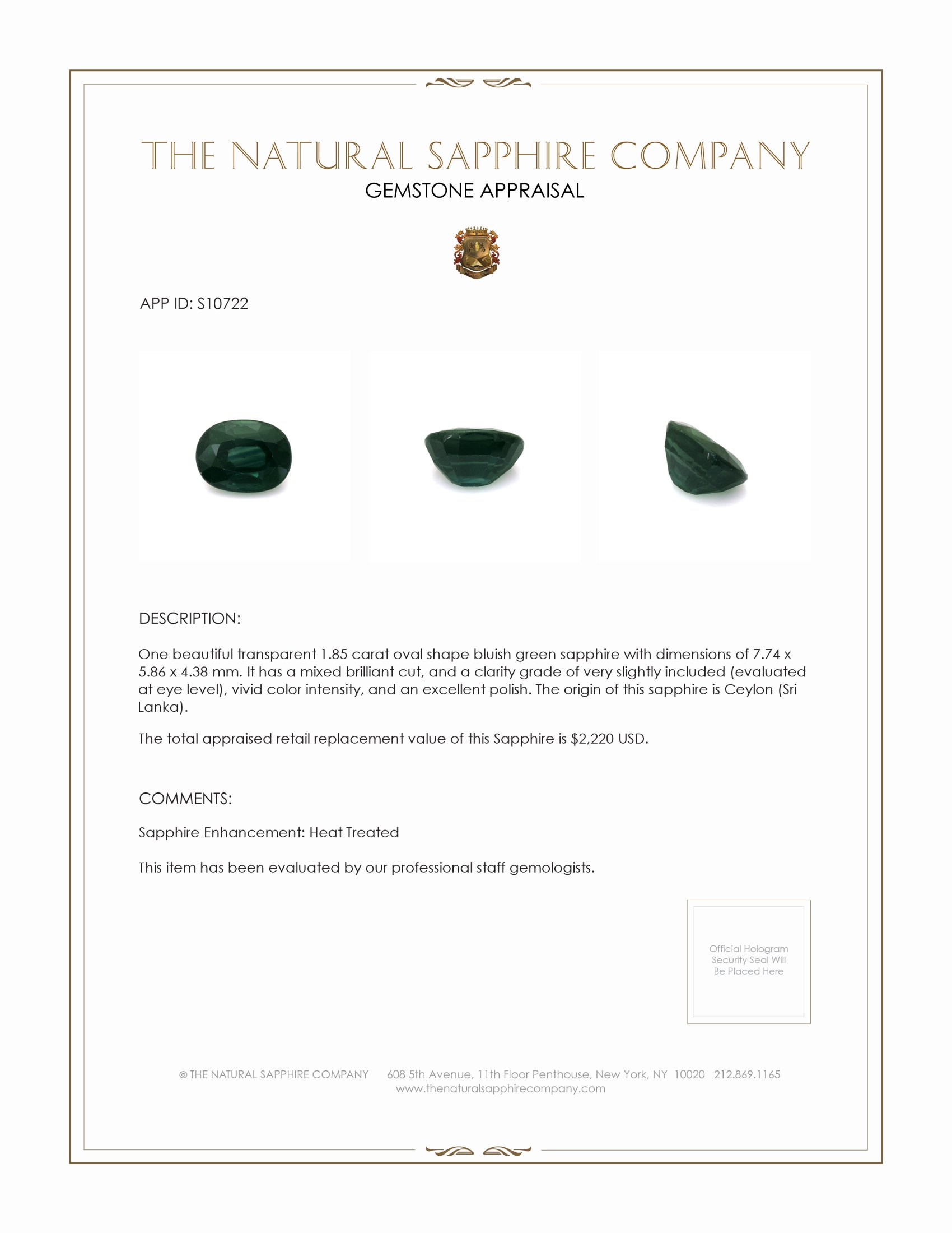 1.85 Ct. Bluish Green Sapphire from Ceylon (Sri Lanka)