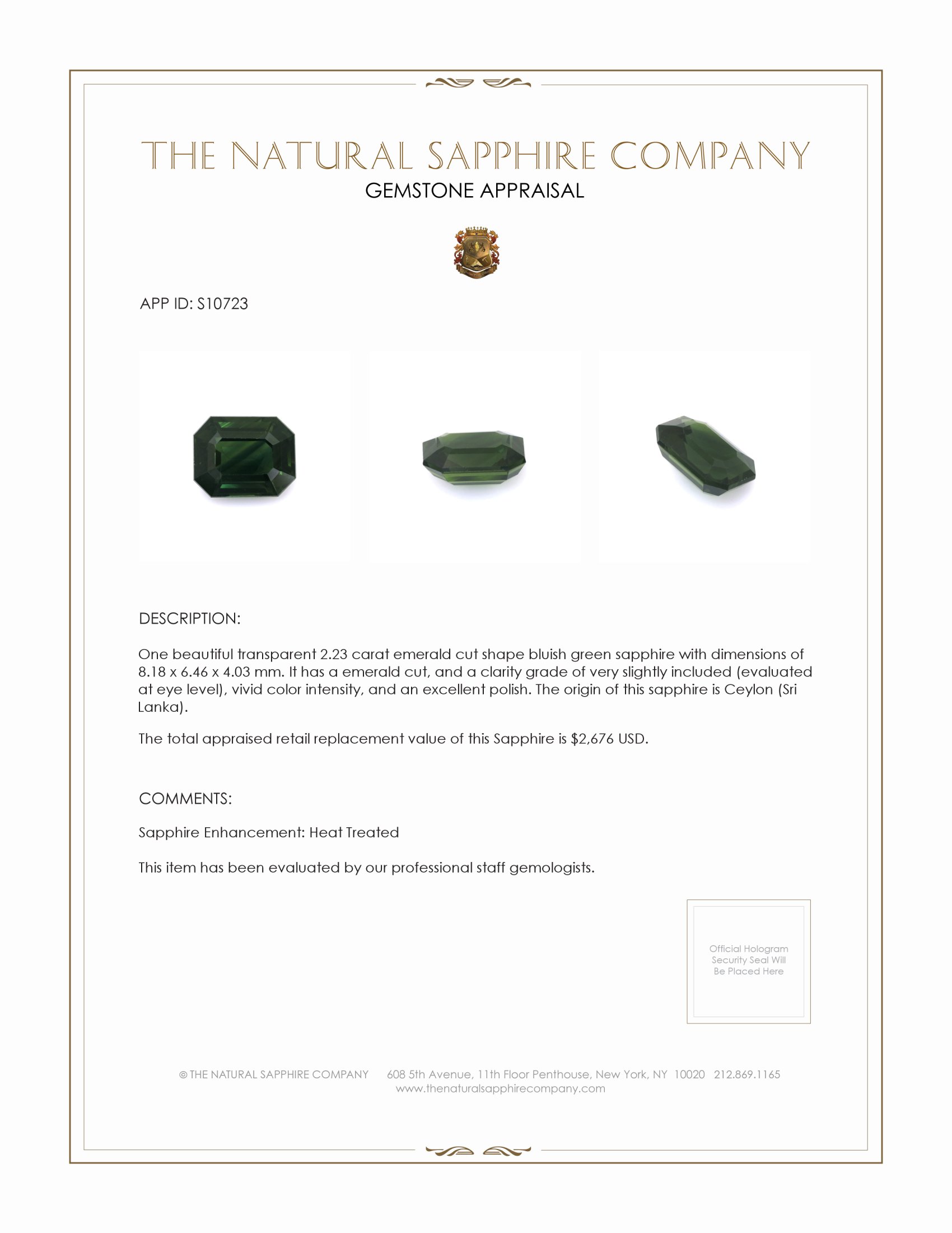 2.23 Ct. Bluish Green Sapphire from Ceylon (Sri Lanka)